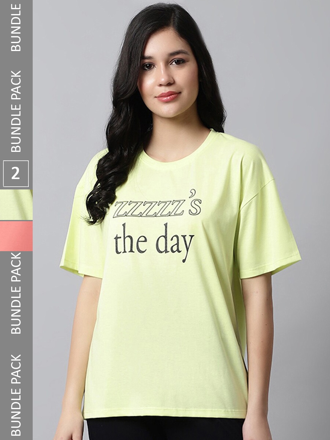 

Kanvin Pack Of 2 Coral & Yellow Typography Printed Oversized T-shirts