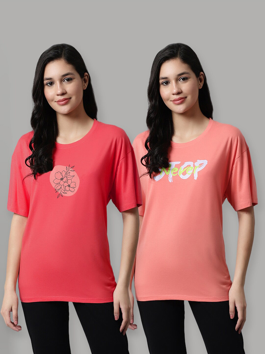 

Kanvin Pack Of 2 Coral & Pink Printed Drop-Shoulder Sleeves Casual Cotton T-shirts