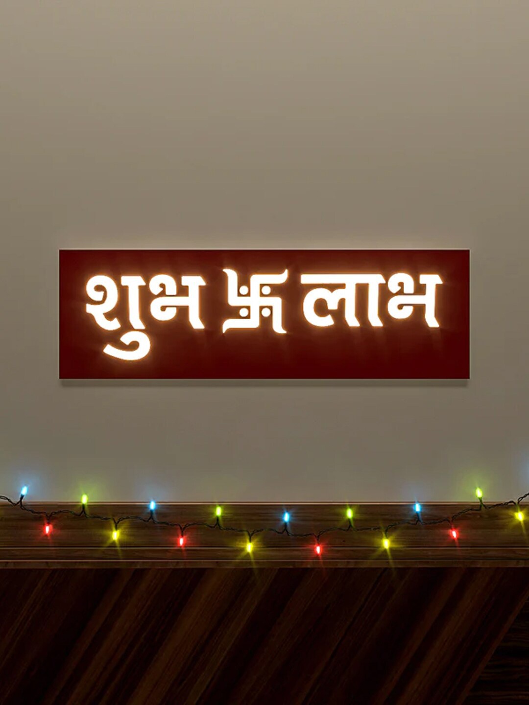 

WALLMANTRA Red Shubh Labh Design Wooden Backlit Wall Decor