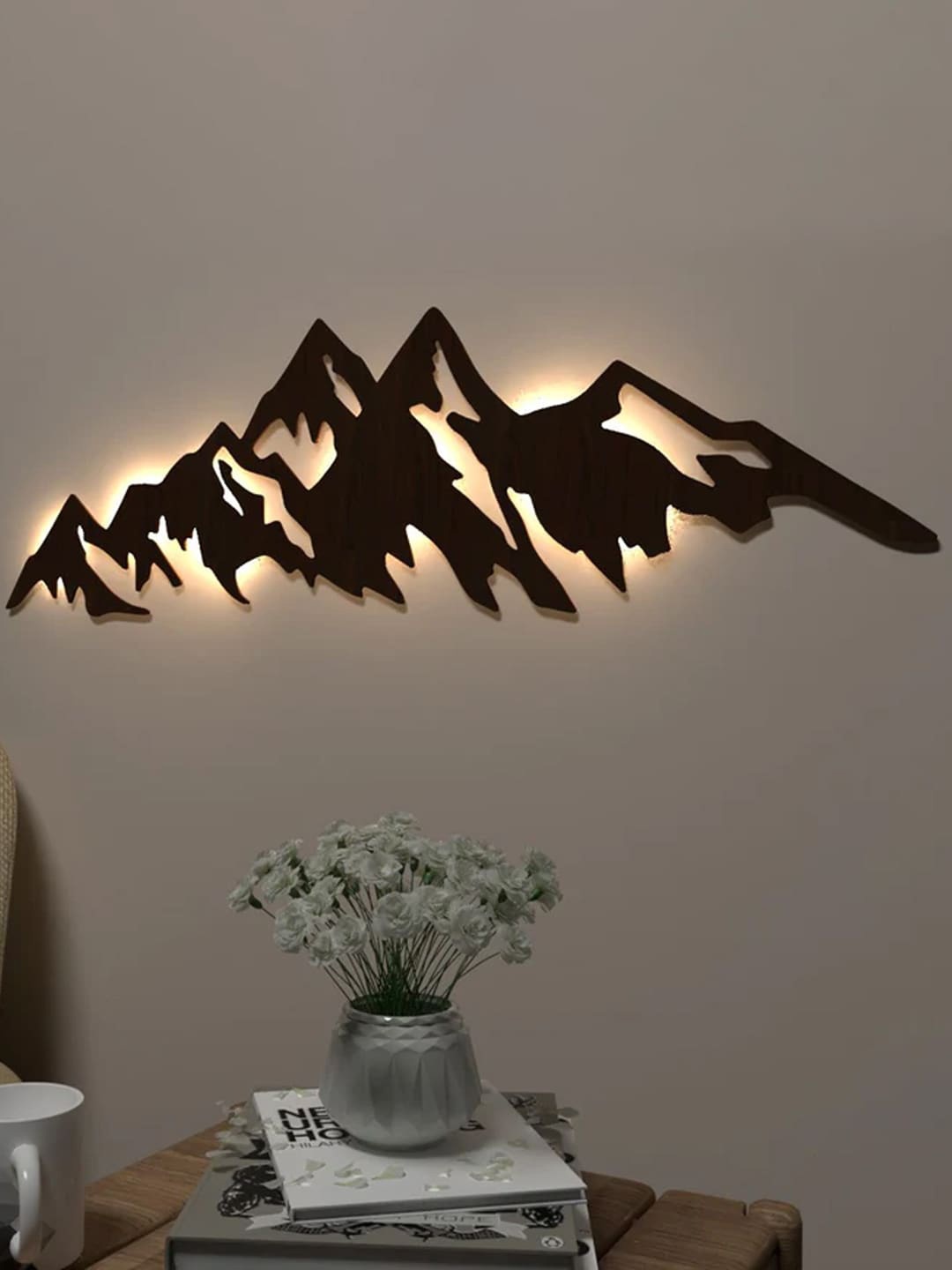 

WALLMANTRA Brown Himalayan Mountain Design Wooden Backlit Wall Decor