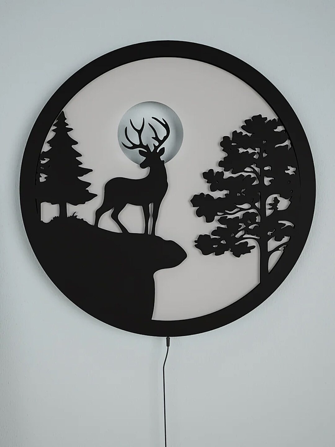 

WALLMANTRA Brown Full Moon Night Reindeer Design Wooden LED Wall Light Decor