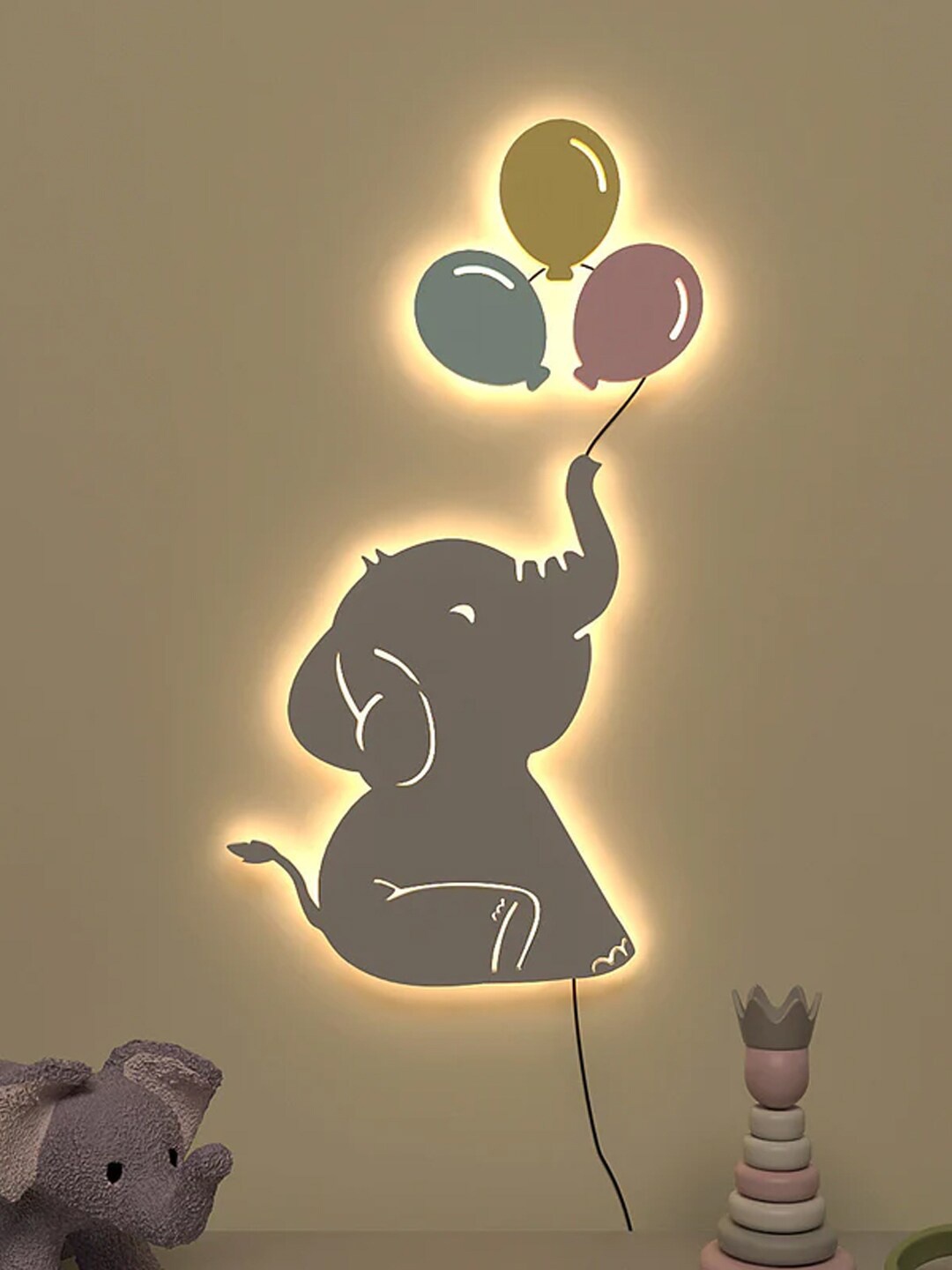 

WALLMANTRA Grey & Blue Playful Elephant Baby Design Wooden Backlit Wall Decor