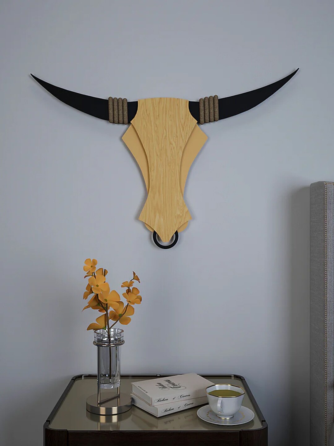 

WALLMANTRA Brown Bull Art Design Wooden Backlit Wall Decor, Camel brown