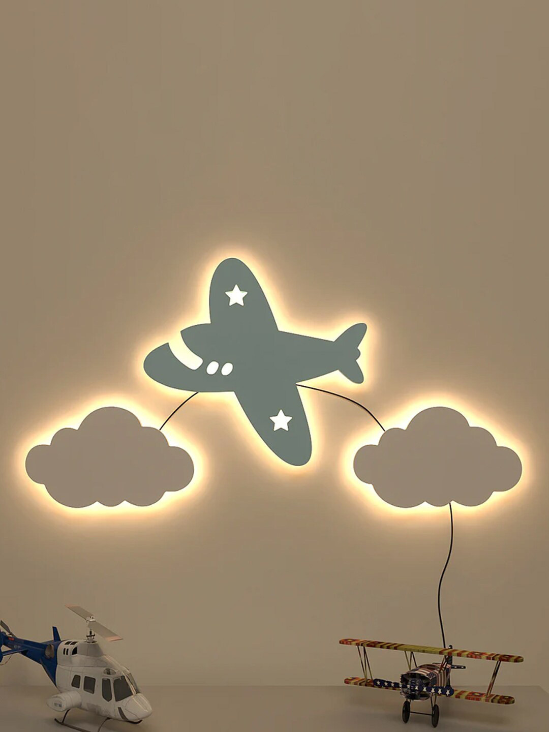 

WALLMANTRA Kids White & Blue Aeroplane Design Wooden Backlit Wall Decor