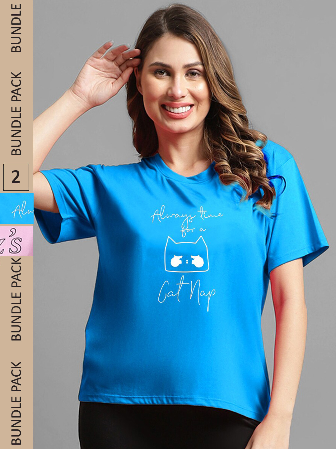 

Kanvin Pack Of 2 Blue & Pink Printed Drop-Shoulder Sleeves Casual Cotton T-shirts