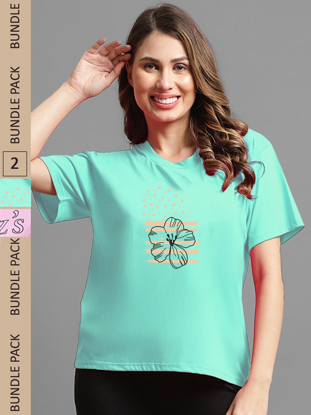 

Kanvin Women Sea Green & Purple Pack Of 2 Typography Printed Loose T-shirt, Pink