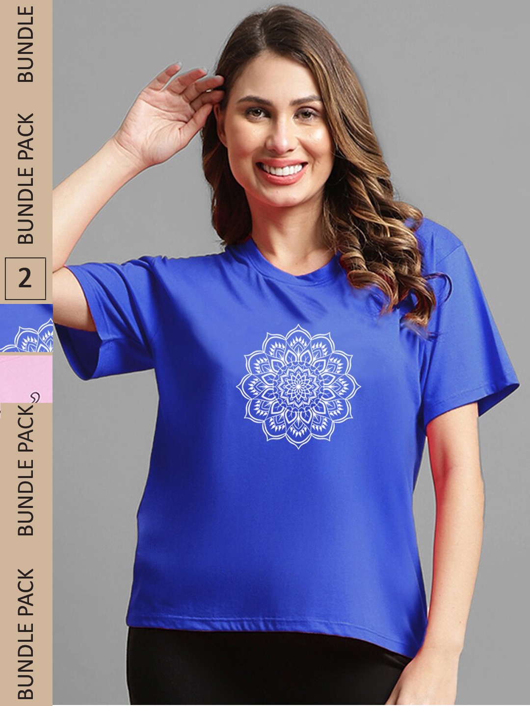 

Kanvin Women Pink & Blue Pack Of 2 Printed Drop Shoulder Sleeves Loose T-shirts