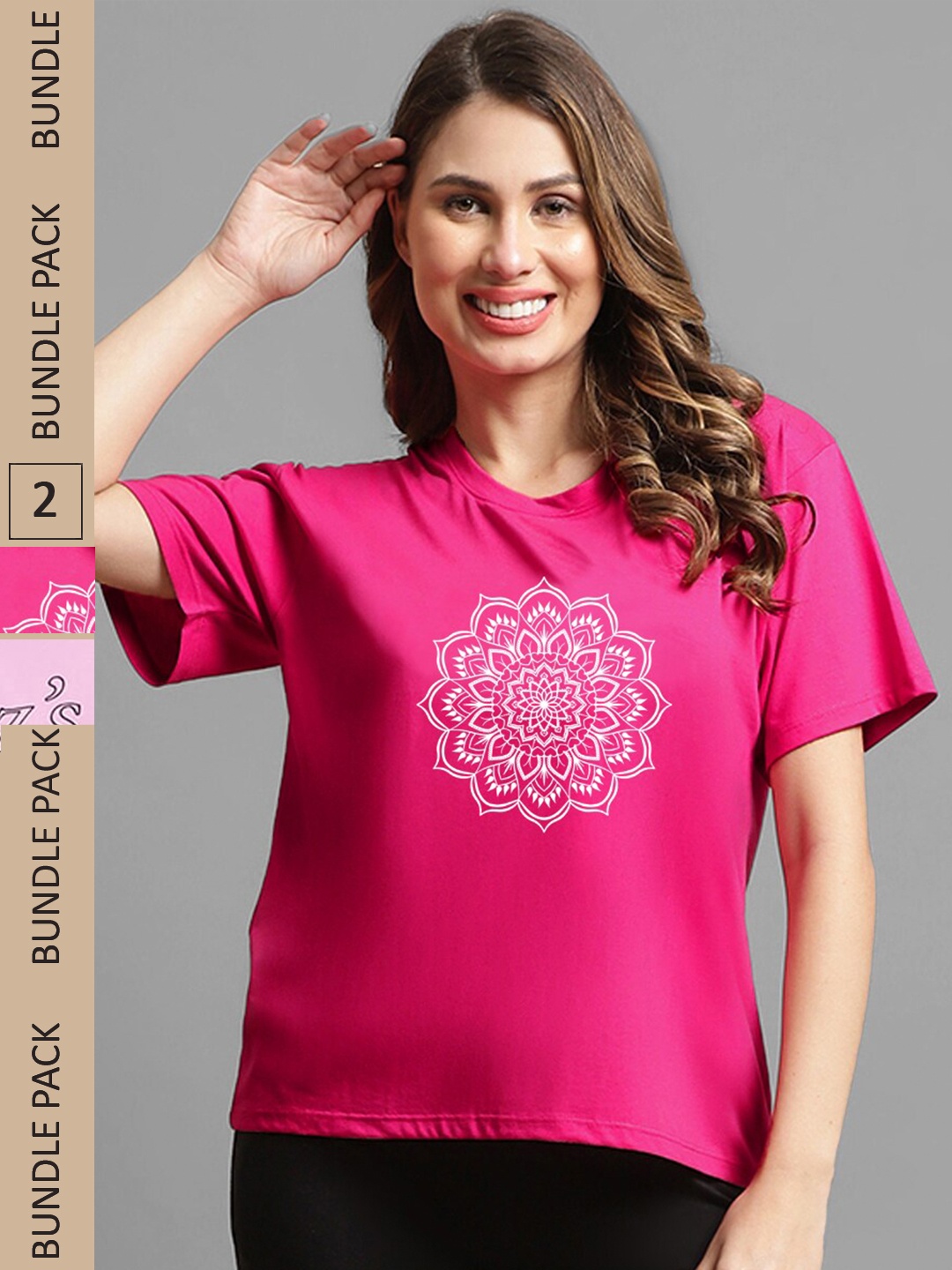 

Kanvin Women Pink & Magenta Pack Of 2 Printed Drop Shoulder Sleeves Loose T-shirts
