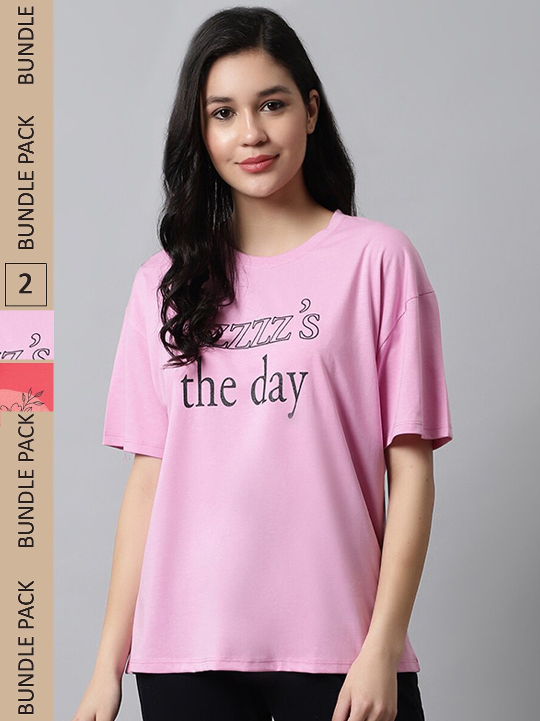 

Kanvin Pack Of 2 Pink & Red Typography Printed Cotton Modal Loose T-shirt