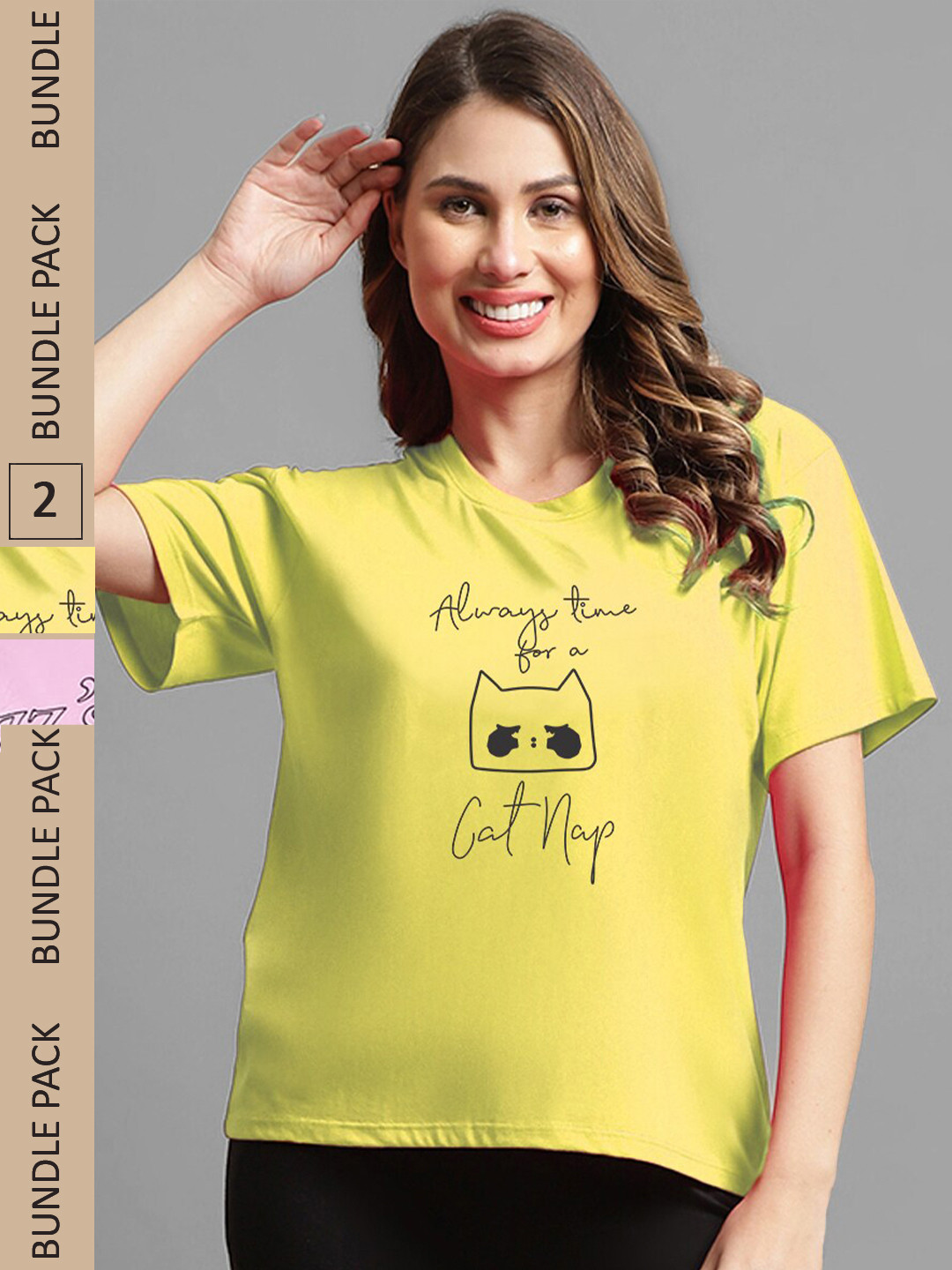 

Kanvin Pack Of 2 Pink & Yellow Typography Printed Oversized Cotton T-shirt