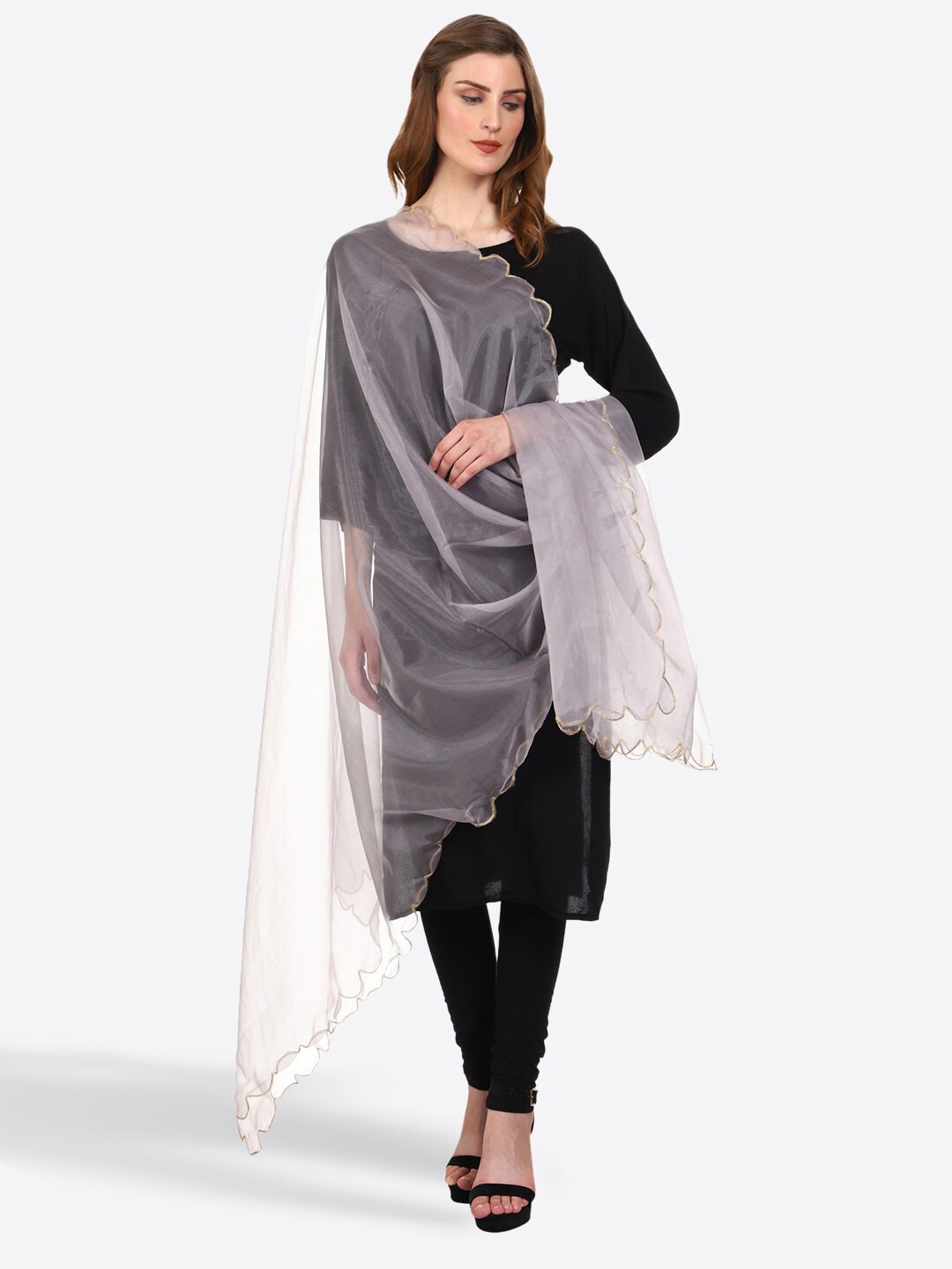 

SWI Stylish Solid Zari Organza Dupatta, Grey