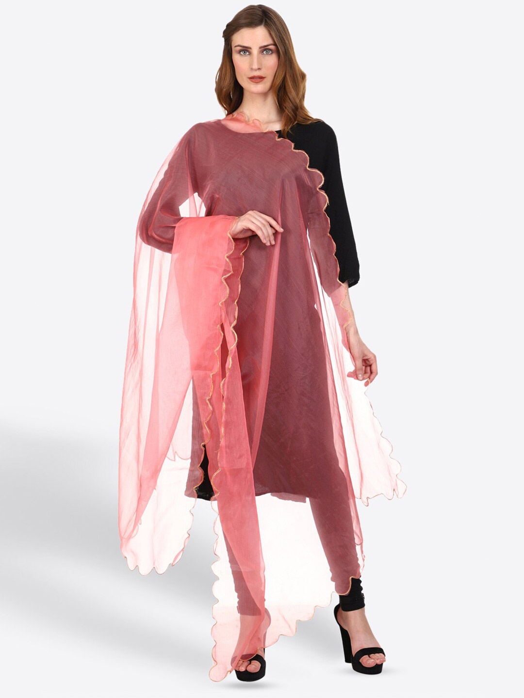 

SWI Stylish Solid Zari Organza Dupatta, Rose
