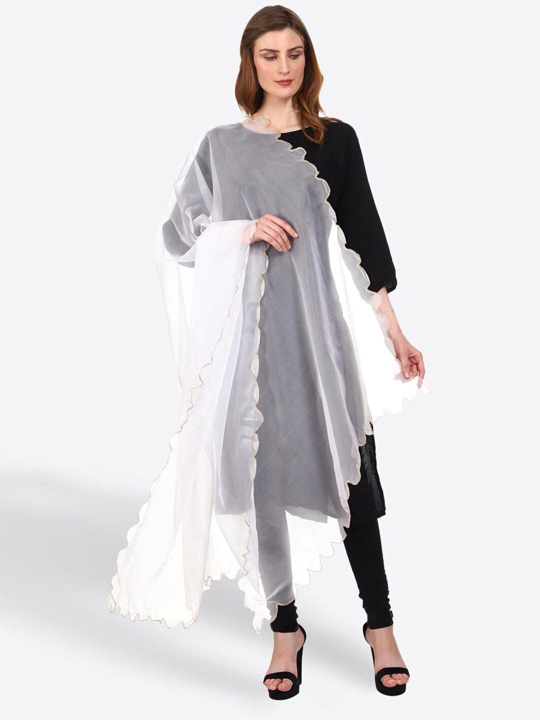 

SWI Stylish Solid Zari Organza Dupatta, White