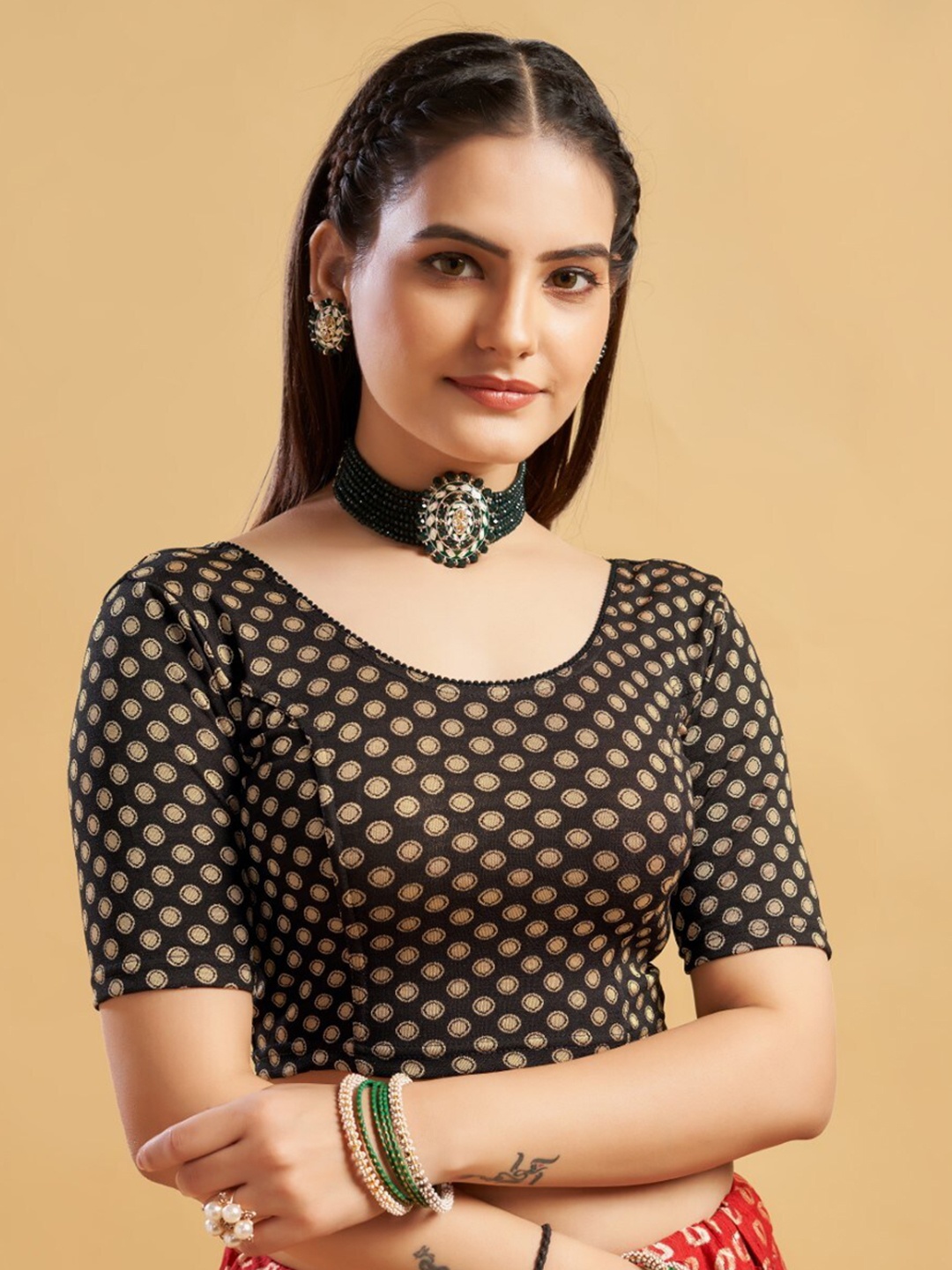 

HIMRISE Printed Round Neck Saree Blouse, Black