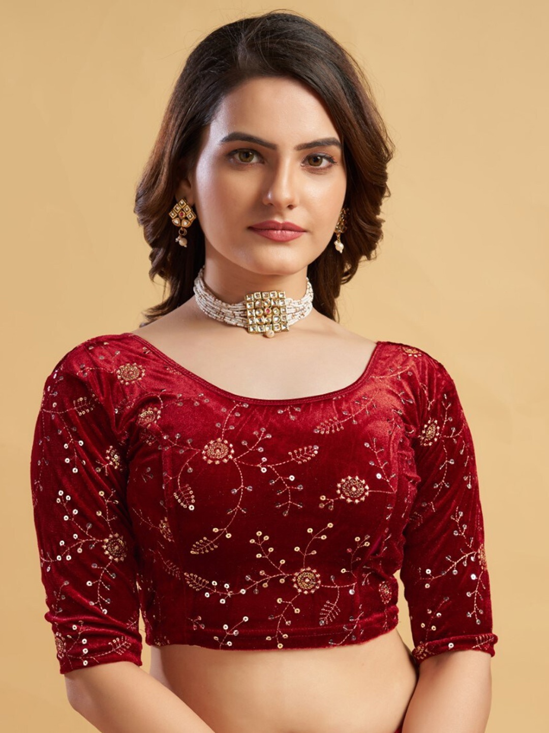 

HIMRISE Sequinned Saree Blouse, Maroon