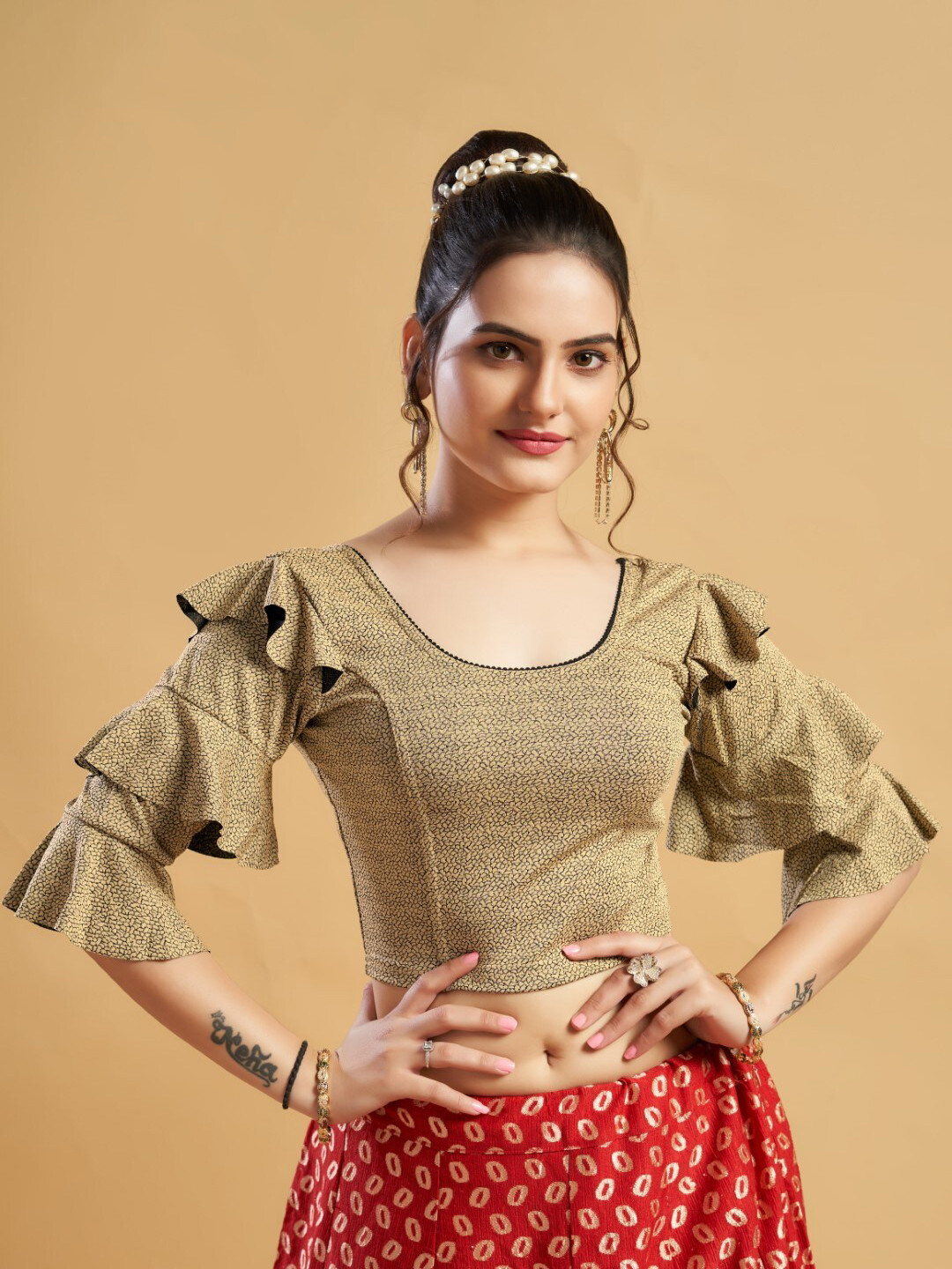 

HIMRISE Round Neck Printed Bell Sleeves Saree Blouse, Black