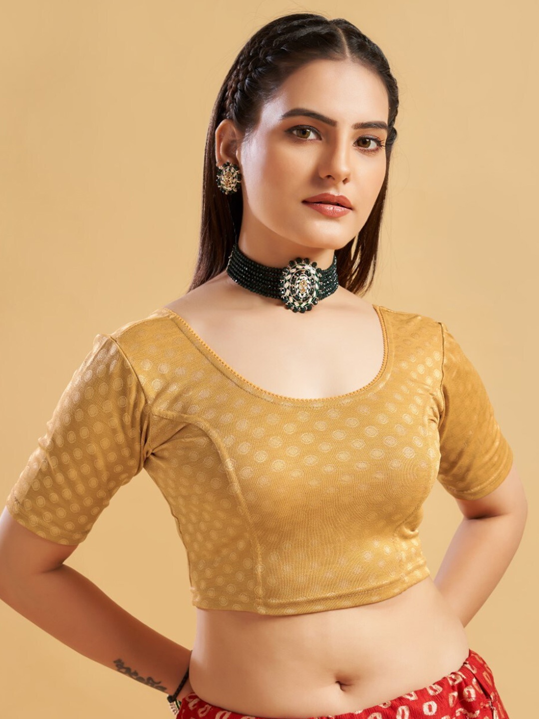 

HIMRISE Printed Round Neck Saree Blouse, Gold