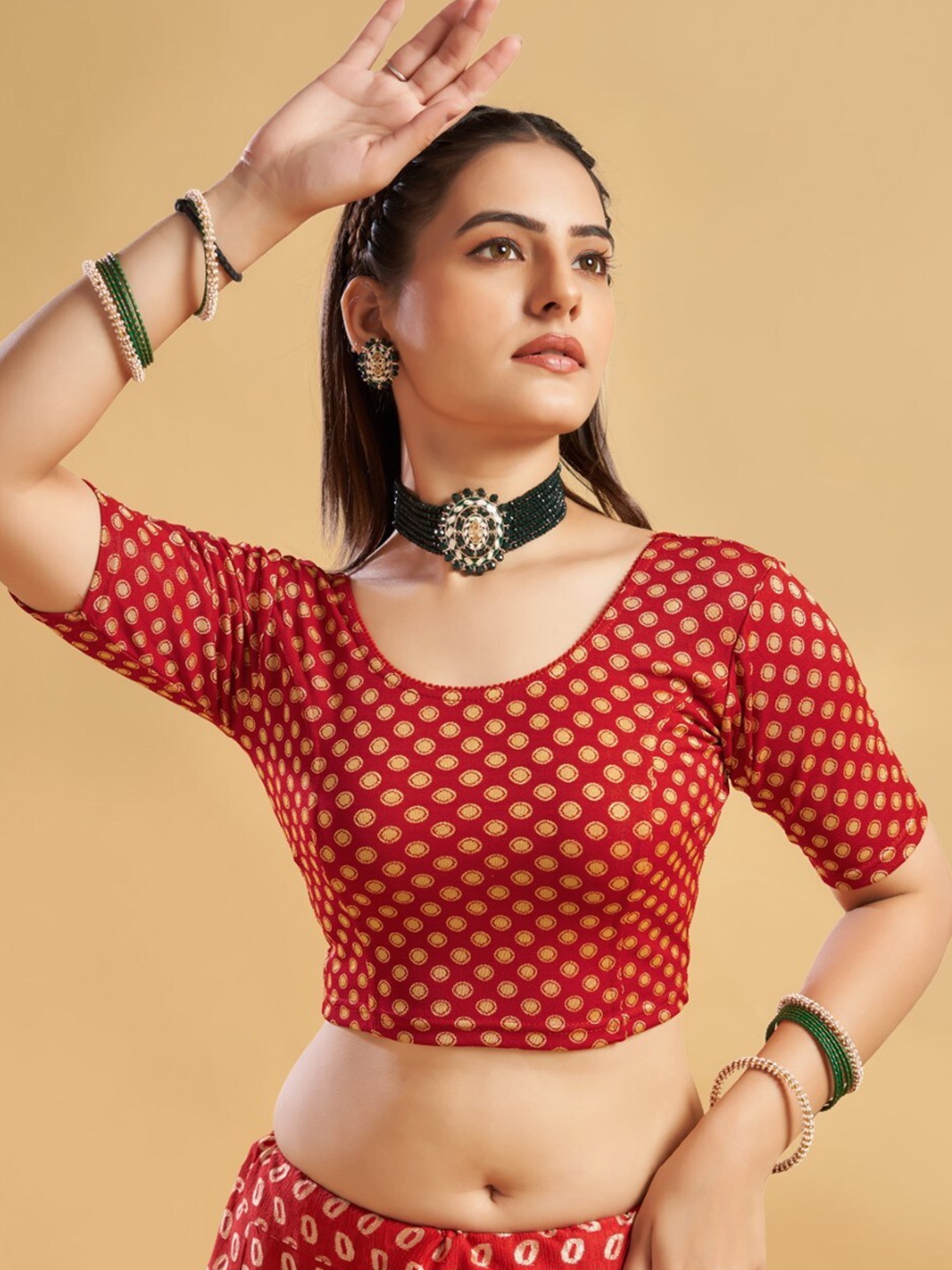 

HIMRISE Printed Round Neck Saree Blouse, Red