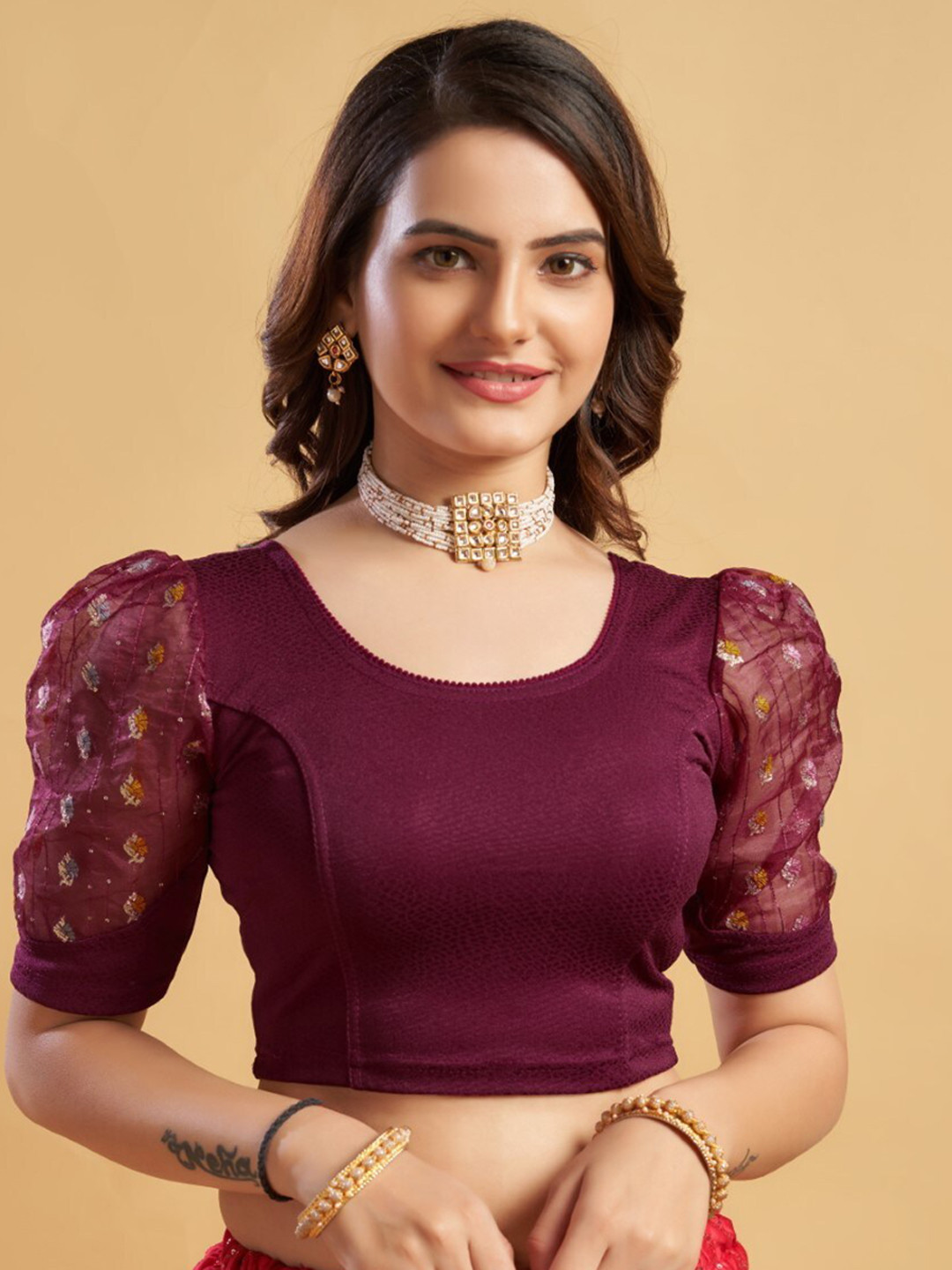 

HIMRISE Puff Sleeves Round Neck Saree Blouse, Maroon