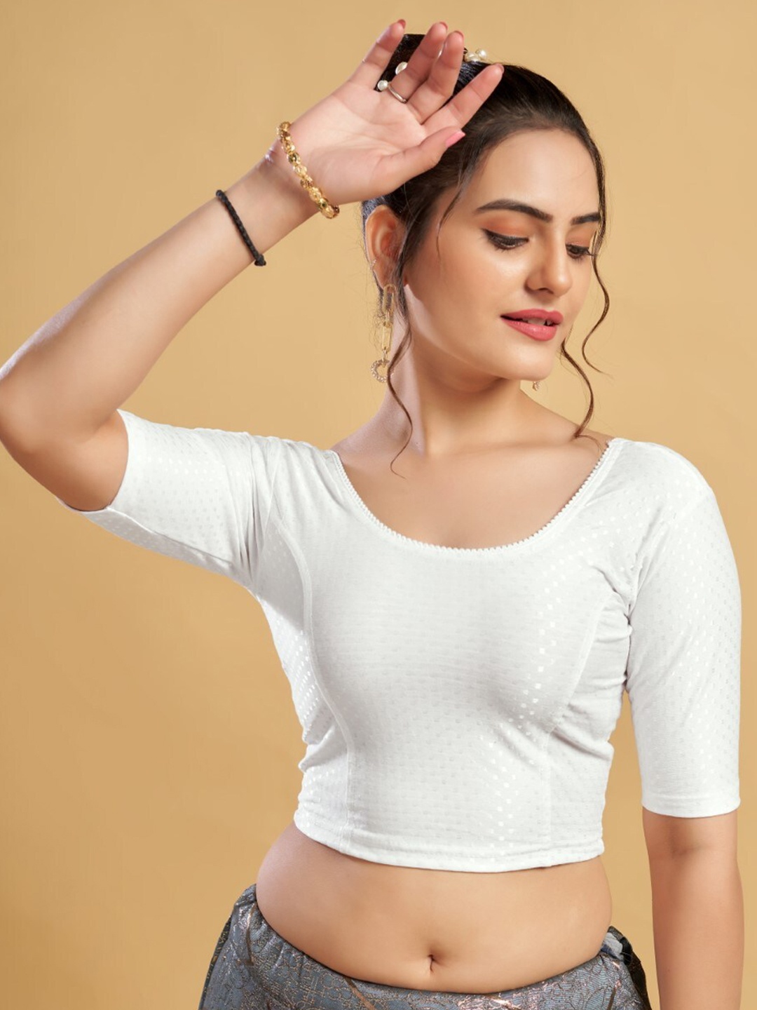 

HIMRISE Round Neck Short Sleeves Saree Blouse, White