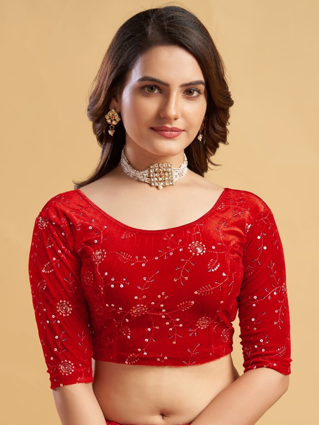 

HIMRISE Embroidered Sequinned Saree Blouse, Red