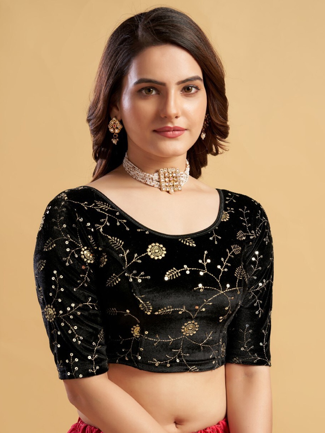 

HIMRISE Embroidered Sequinned Saree Blouse, Black