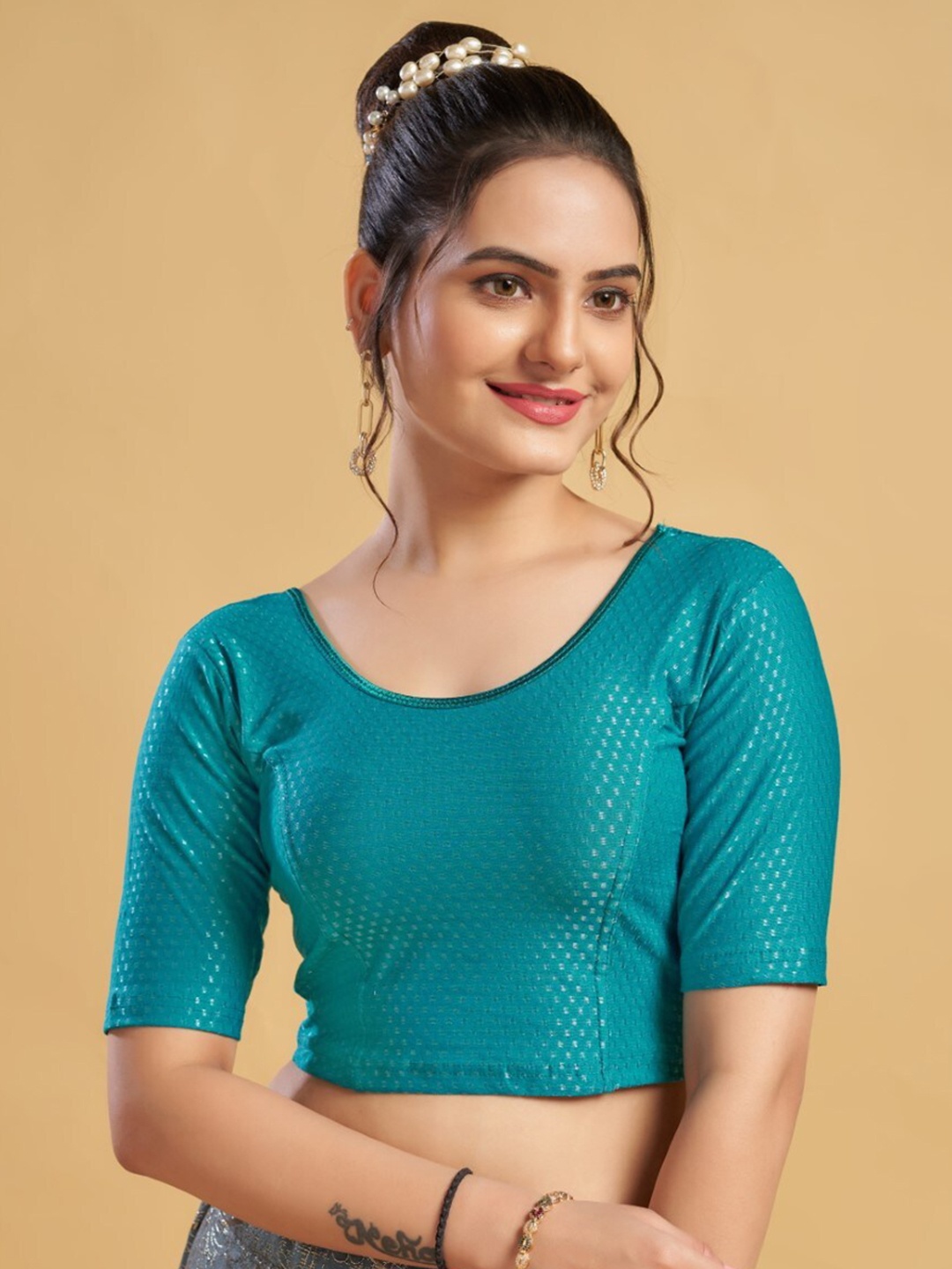 

HIMRISE Woven Design Round Neck Saree Blouse, Blue