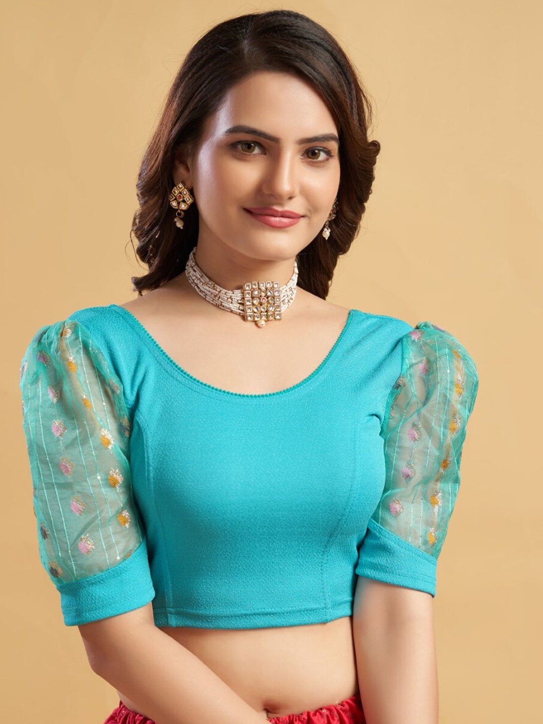 

HIMRISE Round Neck Puff Sleeves Saree Blouse, Blue