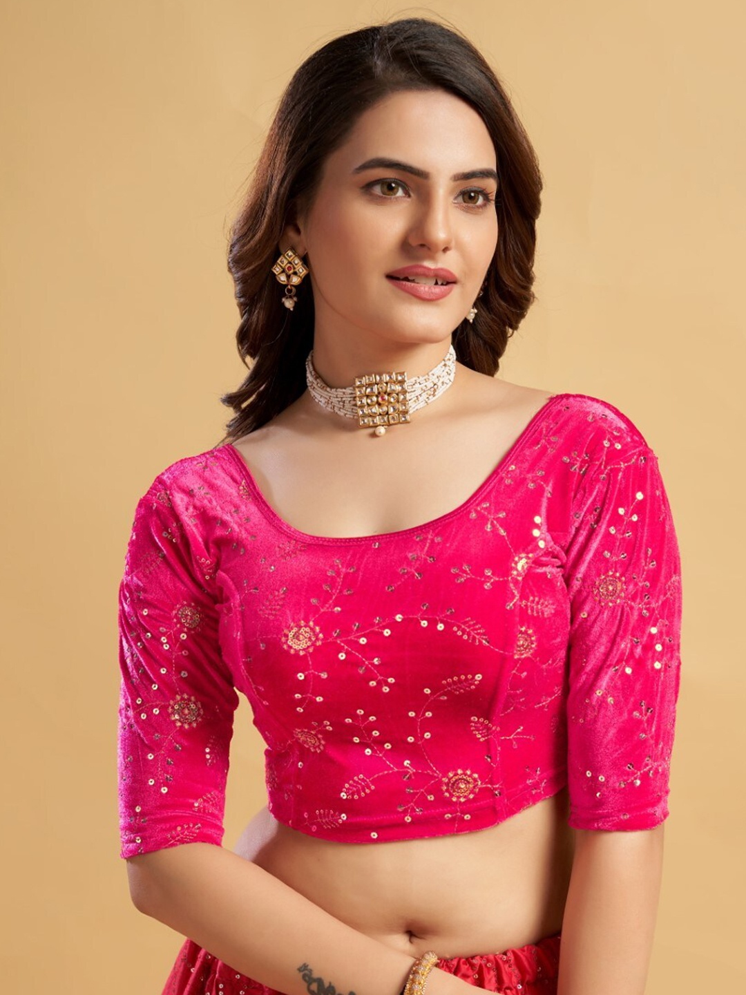 

HIMRISE Sequinned Embroidered Saree Blouse, Pink