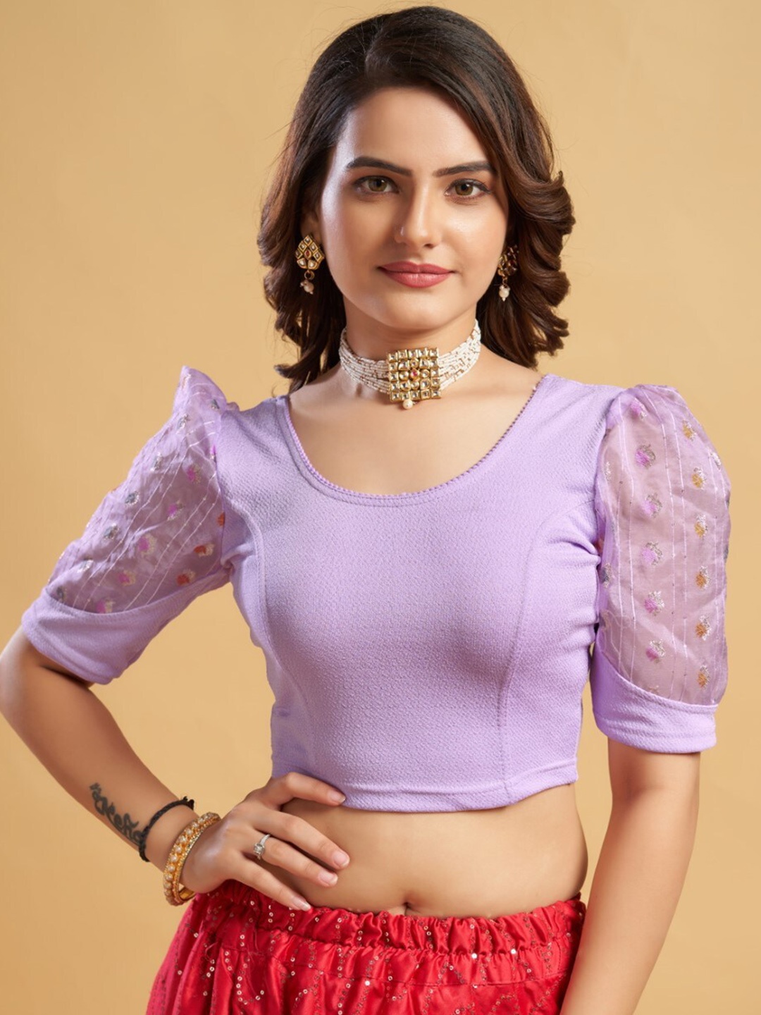 

HIMRISE Sequined Puff Sleeves Velvet Saree Blouse, Violet