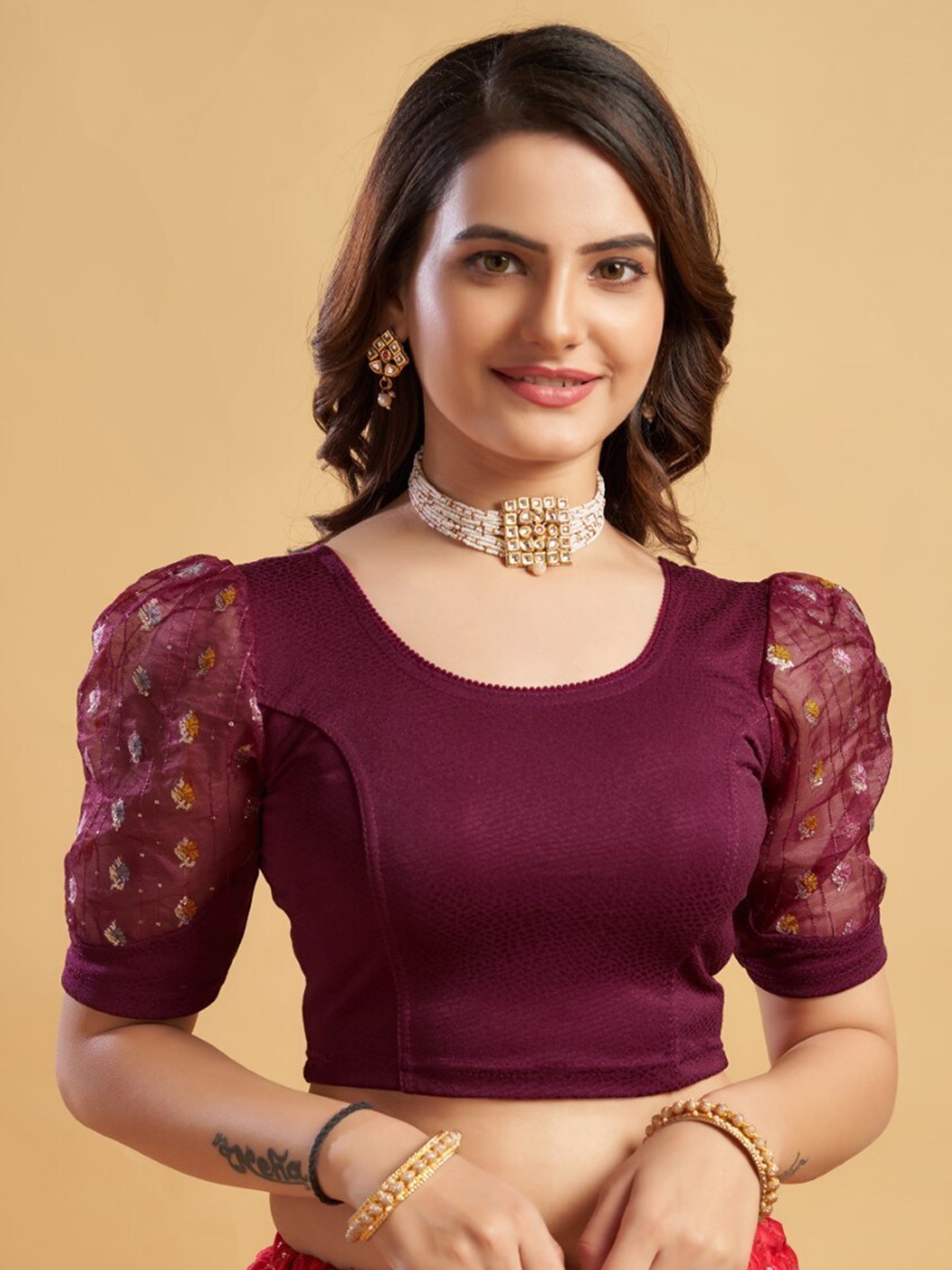 

HIMRISE Sequinned Puff Sleeves Saree Blouse, Purple