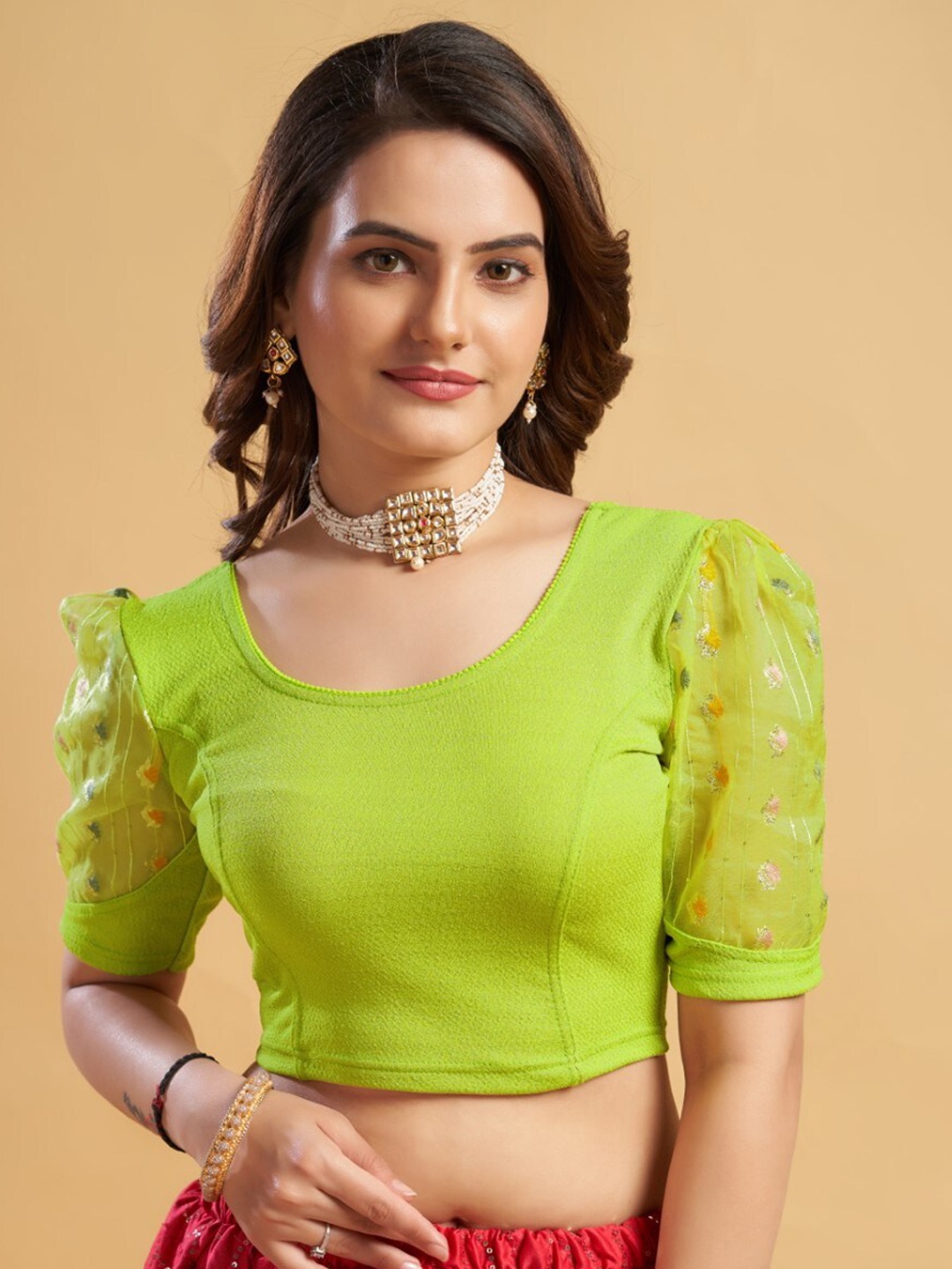 

HIMRISE Round Neck Puff Sleeves Saree Blouse, Lime green