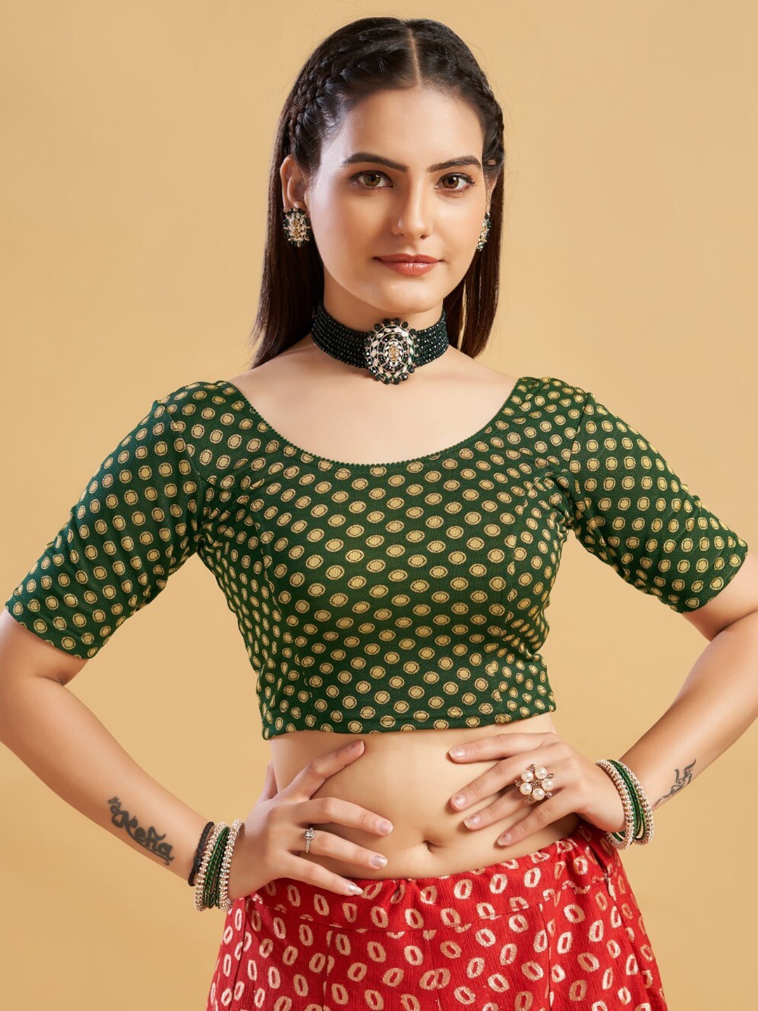 

HIMRISE Round Neck Printed Saree Blouse, Green