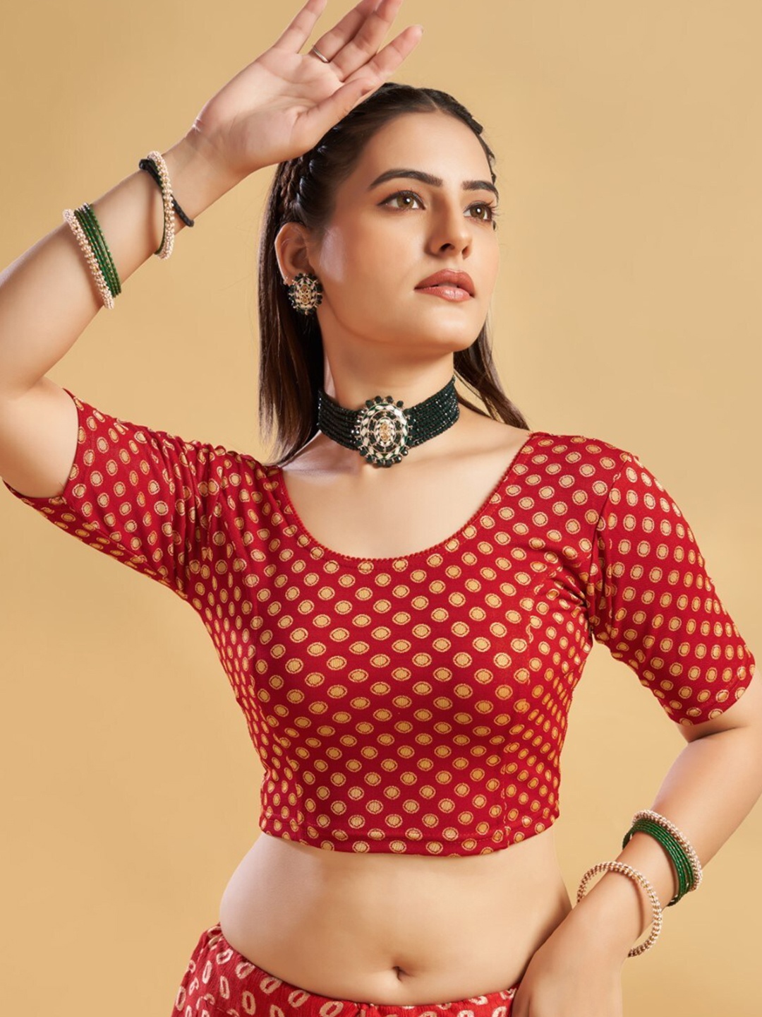 

HIMRISE Printed Brocade Ready To Wear Saree Blouse, Red