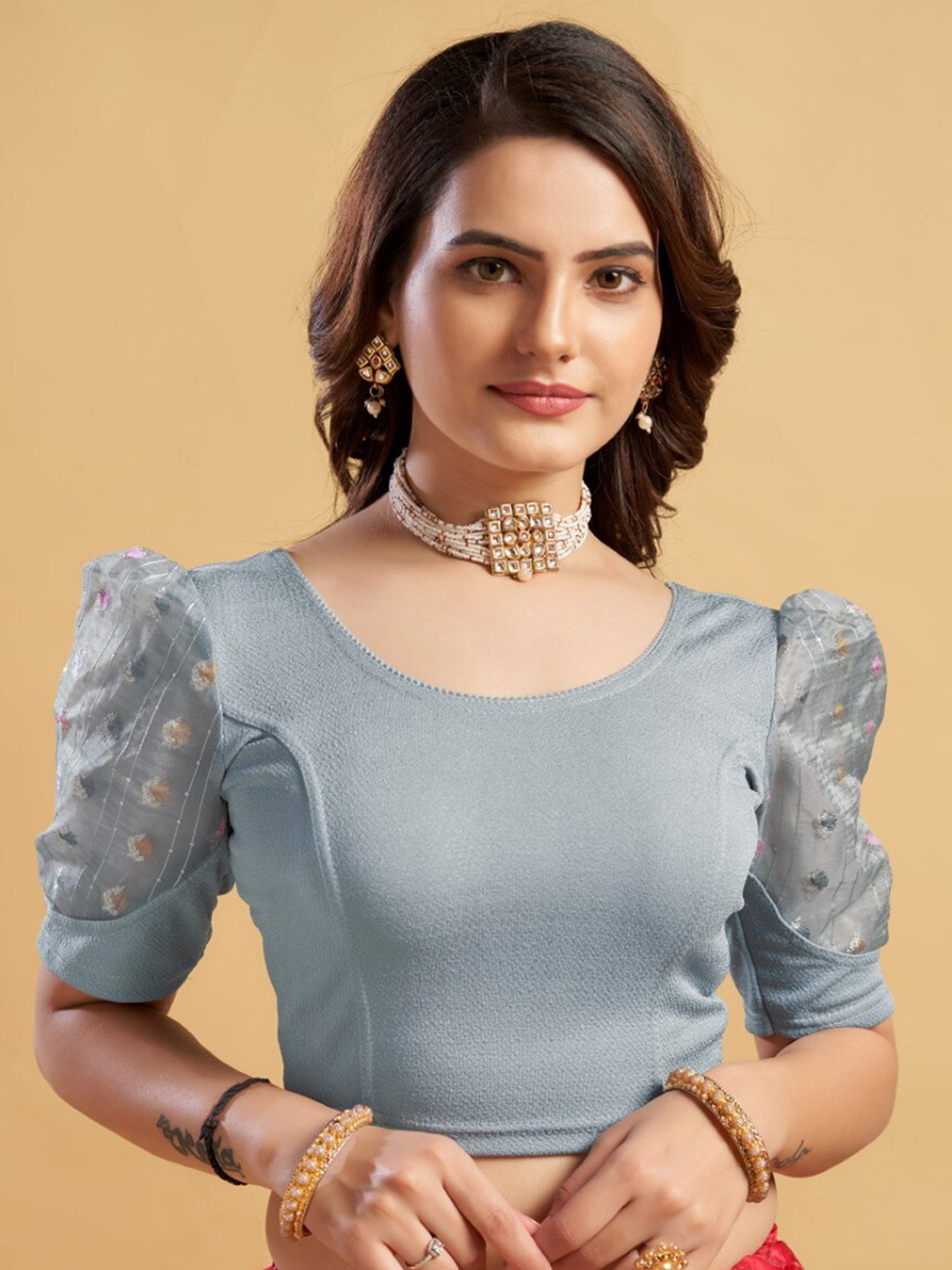 

HIMRISE Round Neck Puff Sleeves Saree Blouse, Grey