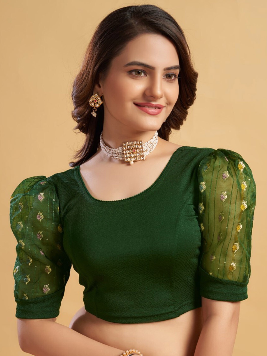 

HIMRISE Sequinned Puff Sleeves Saree Blouse, Green