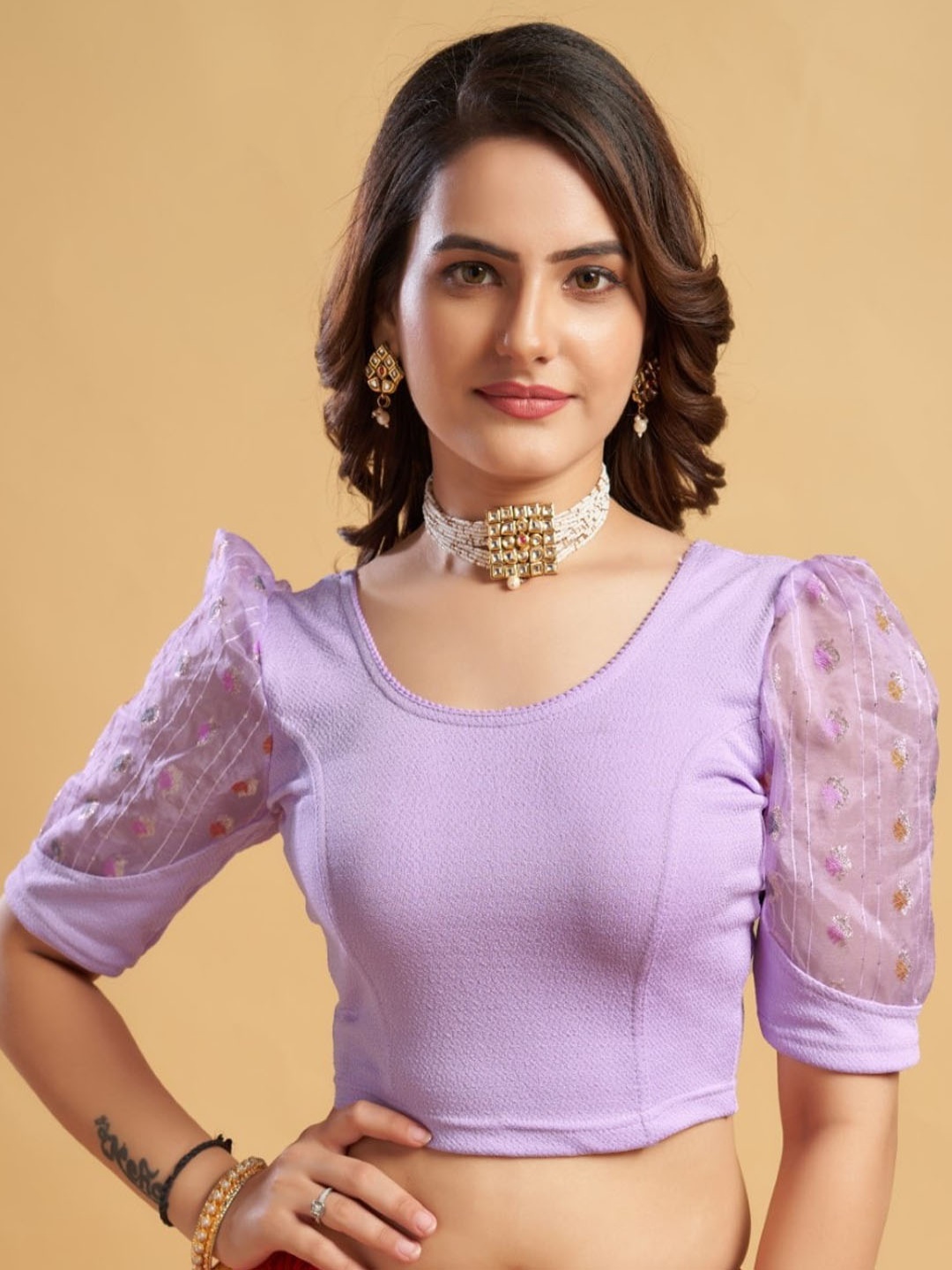 

HIMRISE Puff Sleeves Round Neck Saree Blouse, Lavender