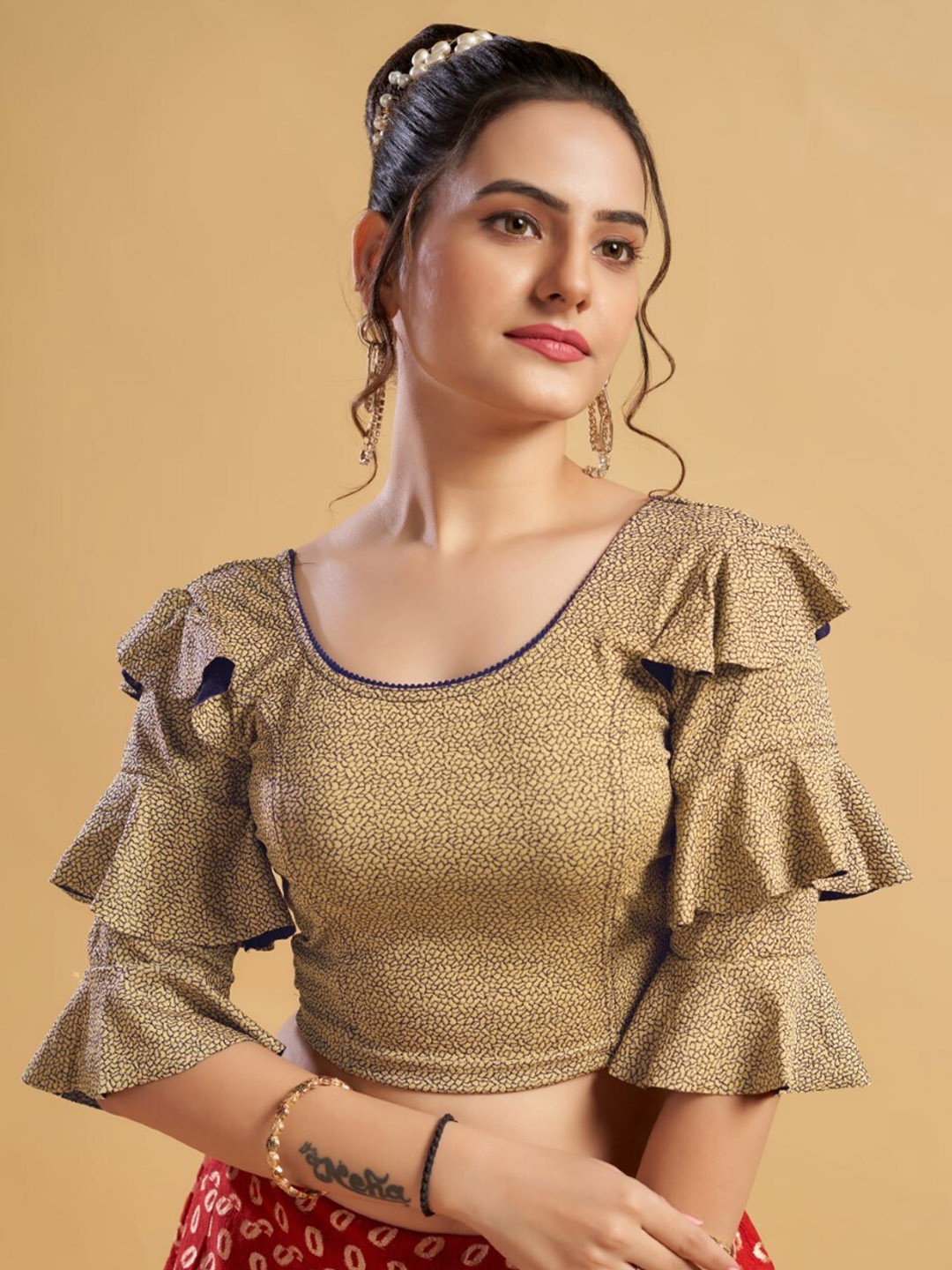 

HIMRISE Printed Bell Sleeves Saree Blouse, Navy blue