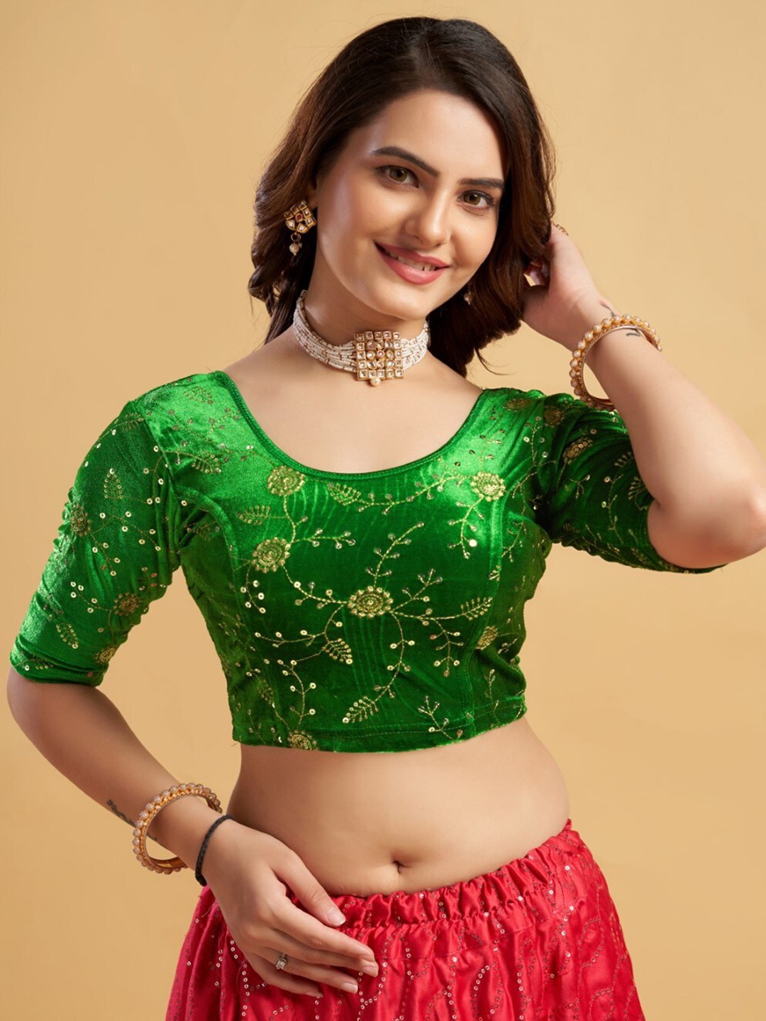 

HIMRISE Embroidered Saree Blouse, Green