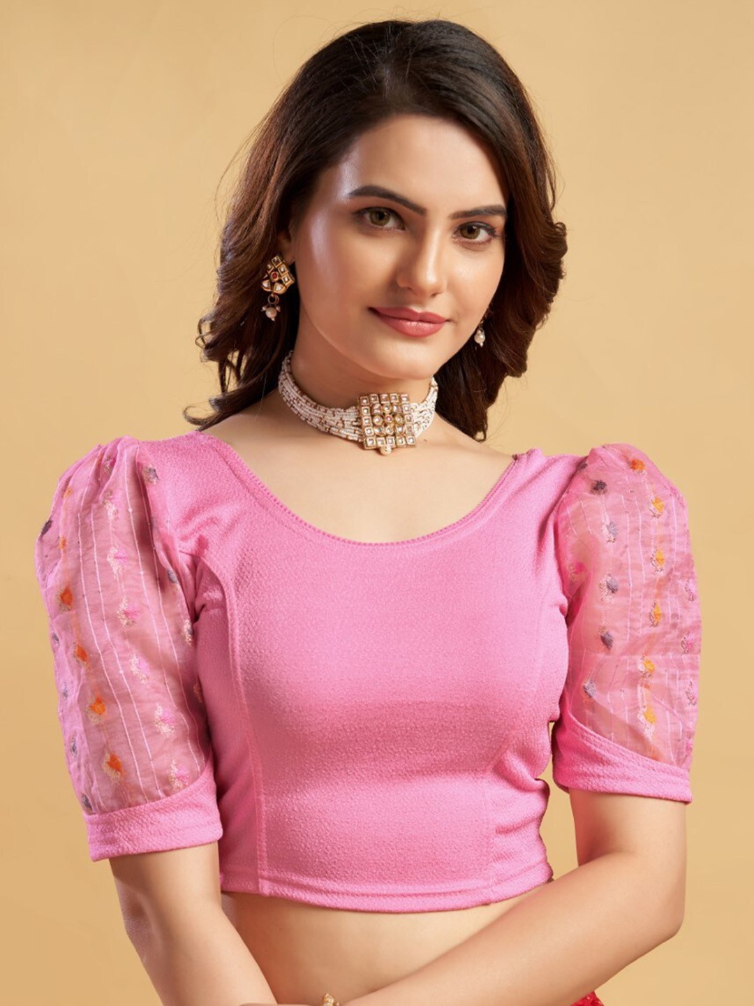

HIMRISE Round Neck Puff Sleeves Saree Blouse, Pink