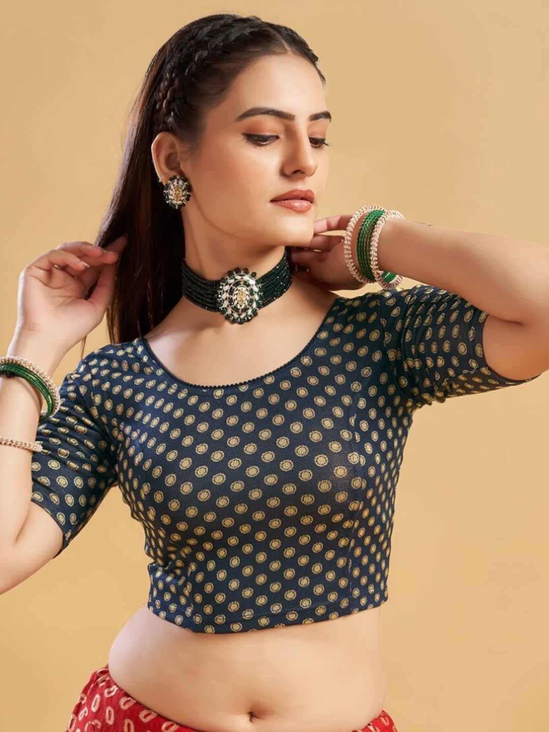 

HIMRISE Round Neck Printed Saree Blouse, Blue