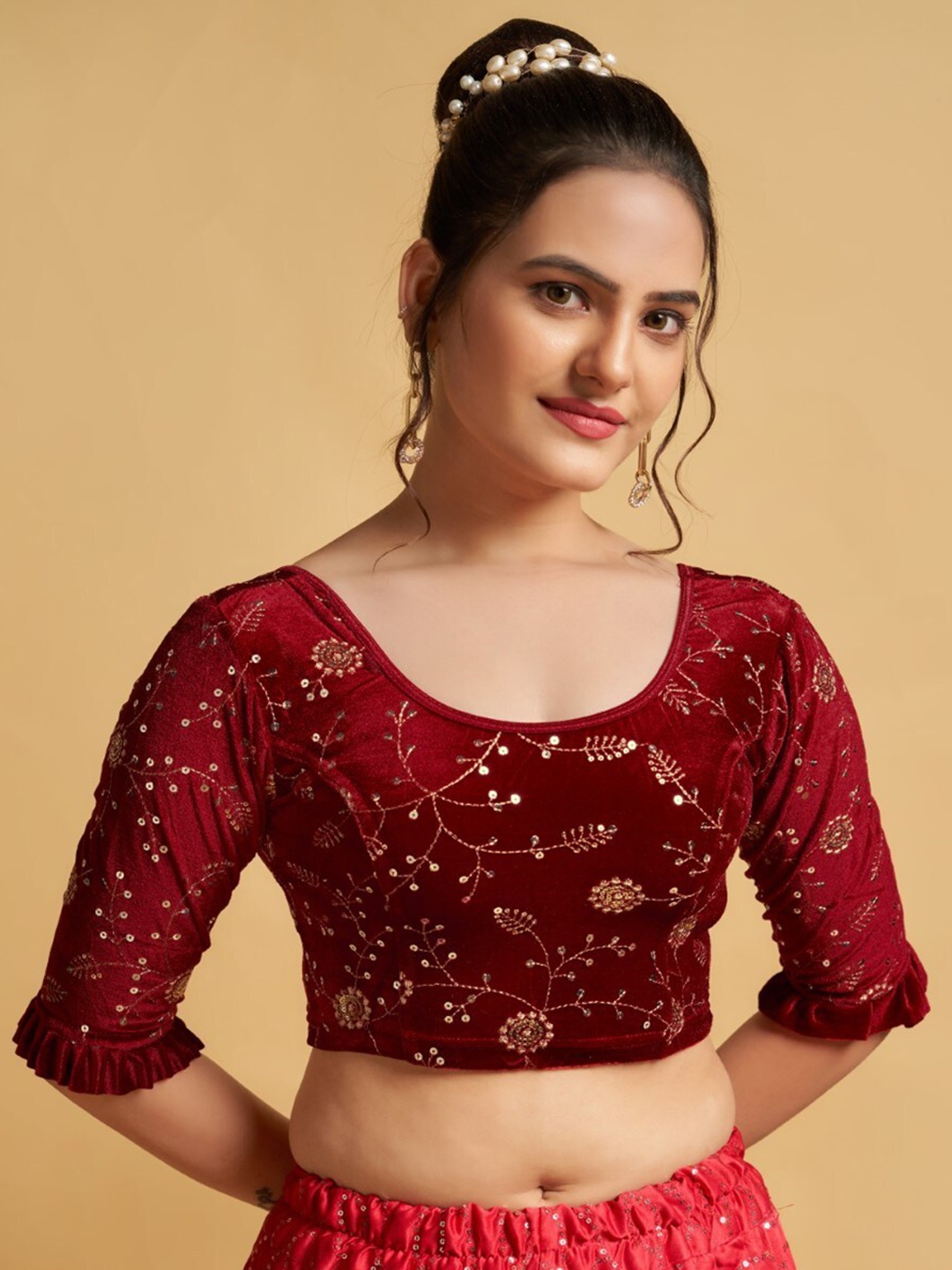 

HIMRISE Embroidered Sequinned Ready To Wear Saree Blouse, Maroon