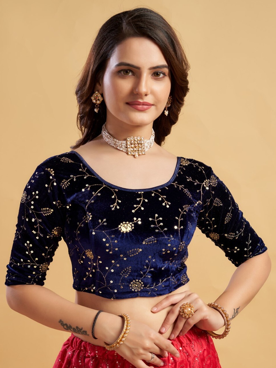 

HIMRISE Embroidered Saree Blouse, Navy blue