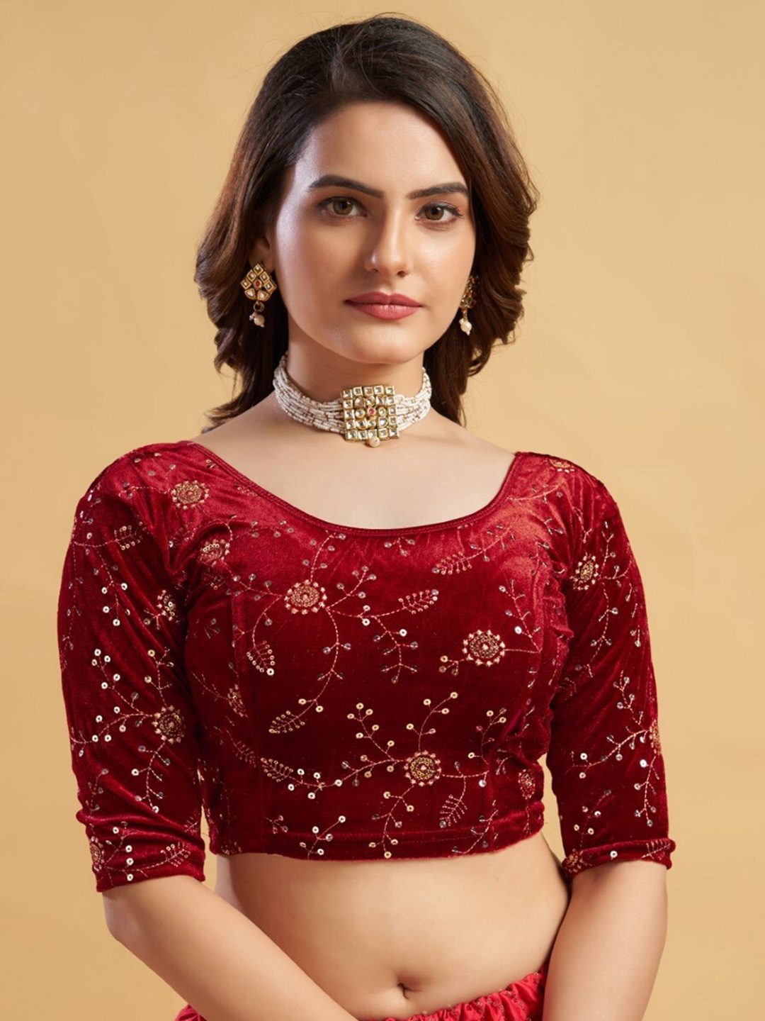 

HIMRISE Embroidered Sequinned Ready To Wear Saree Blouse, Maroon