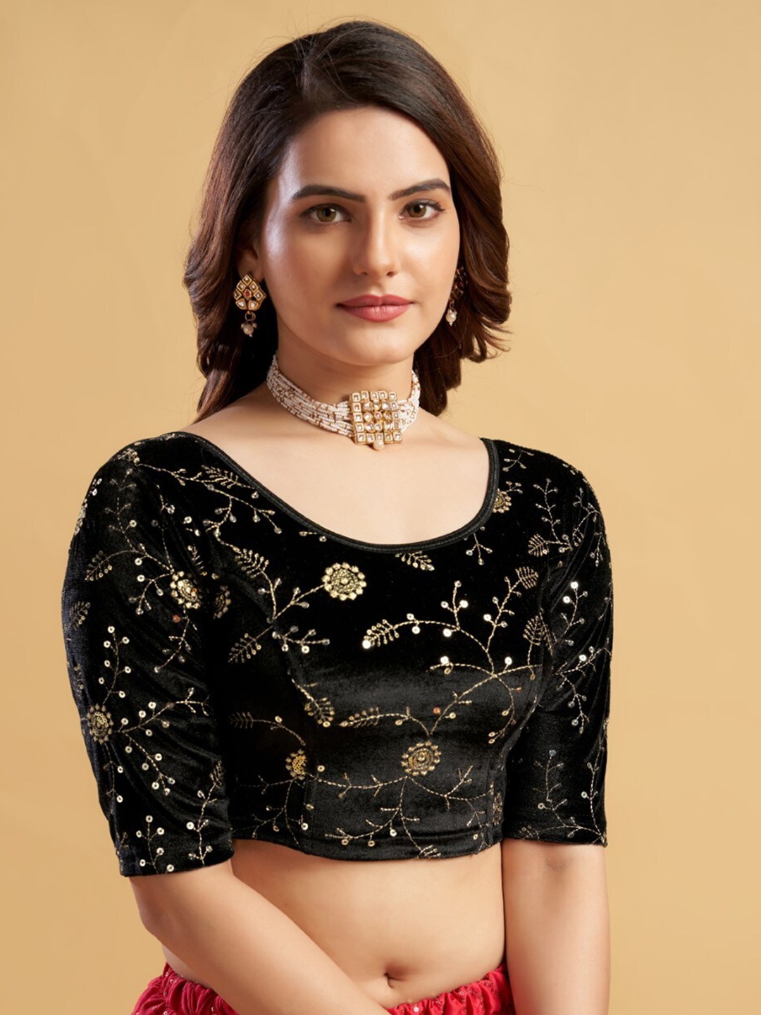 

HIMRISE Sequined Embroidered Round Neck Saree Blouse, Black