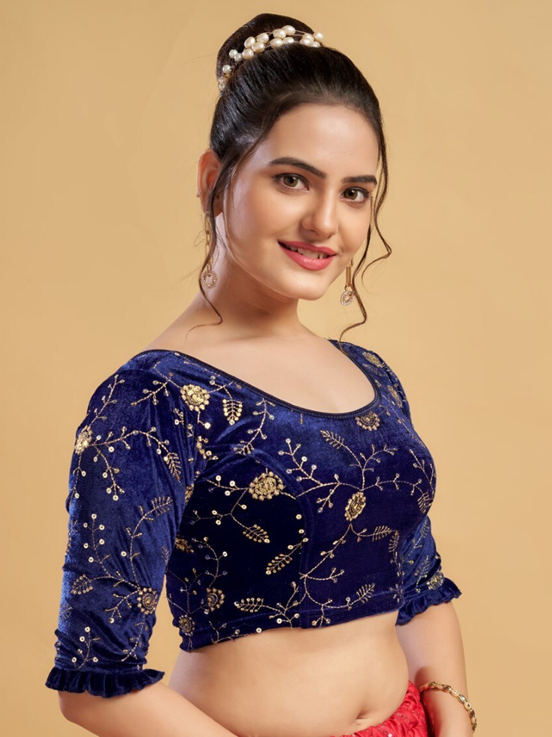 

HIMRISE Floral Embroidered Saree Blouse, Navy blue