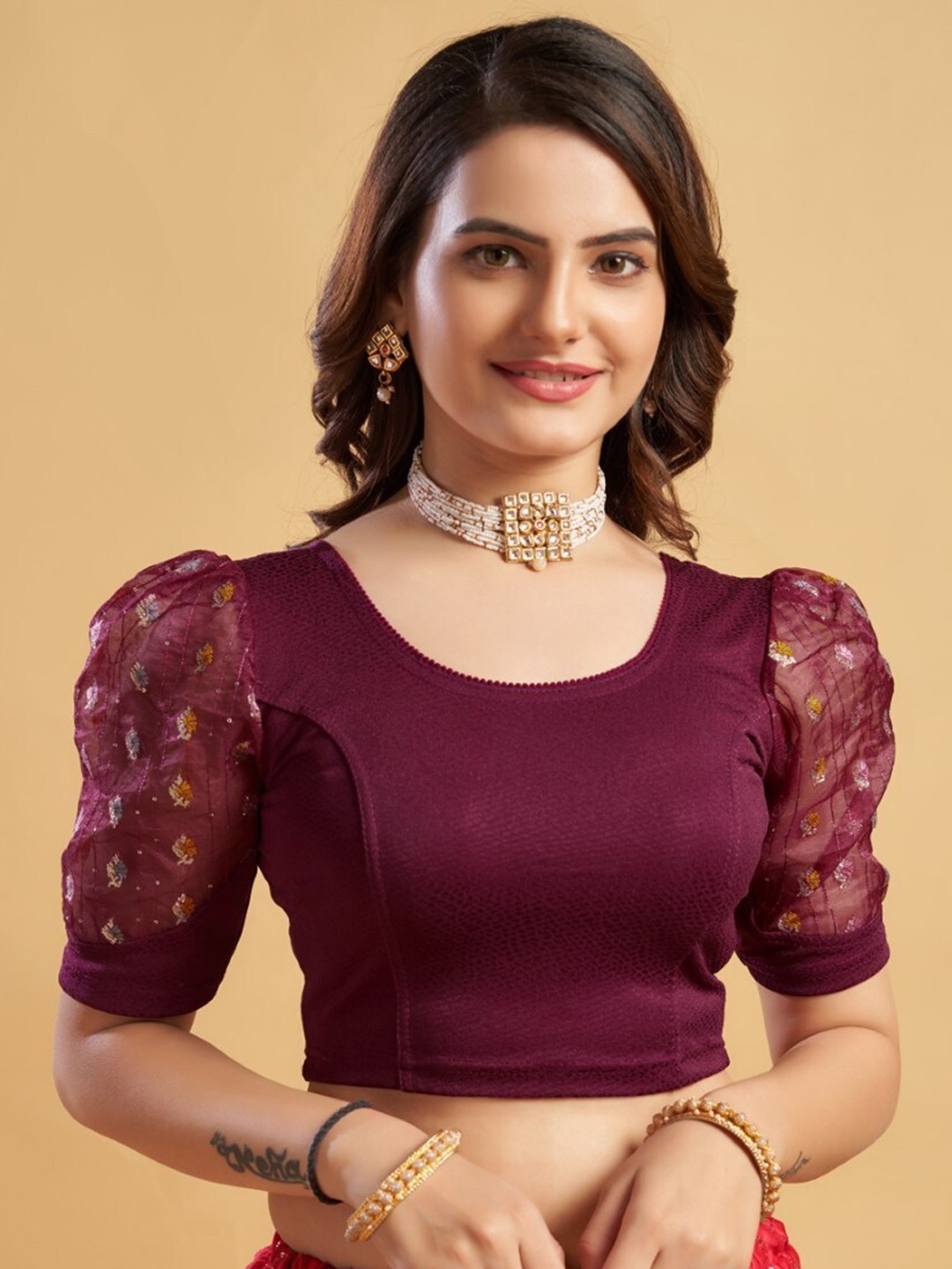 

HIMRISE Round Neck Puff Sleeves Saree Blouse, Purple