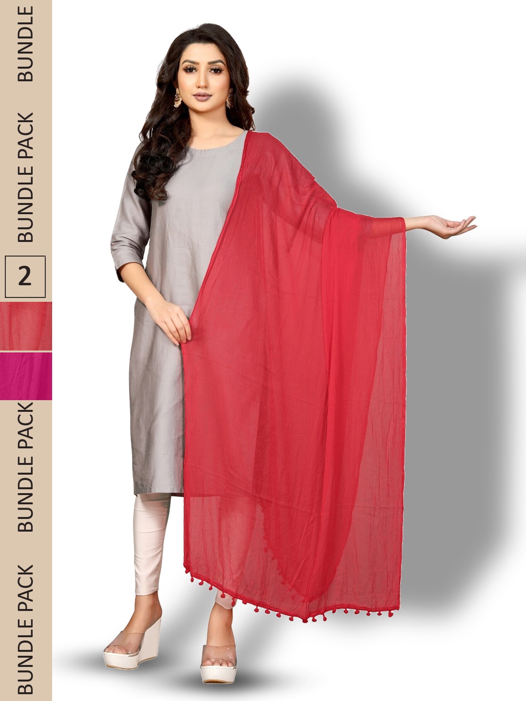 

APNISHA Pack Of 2 Tasselled Border Dupatta, Pink