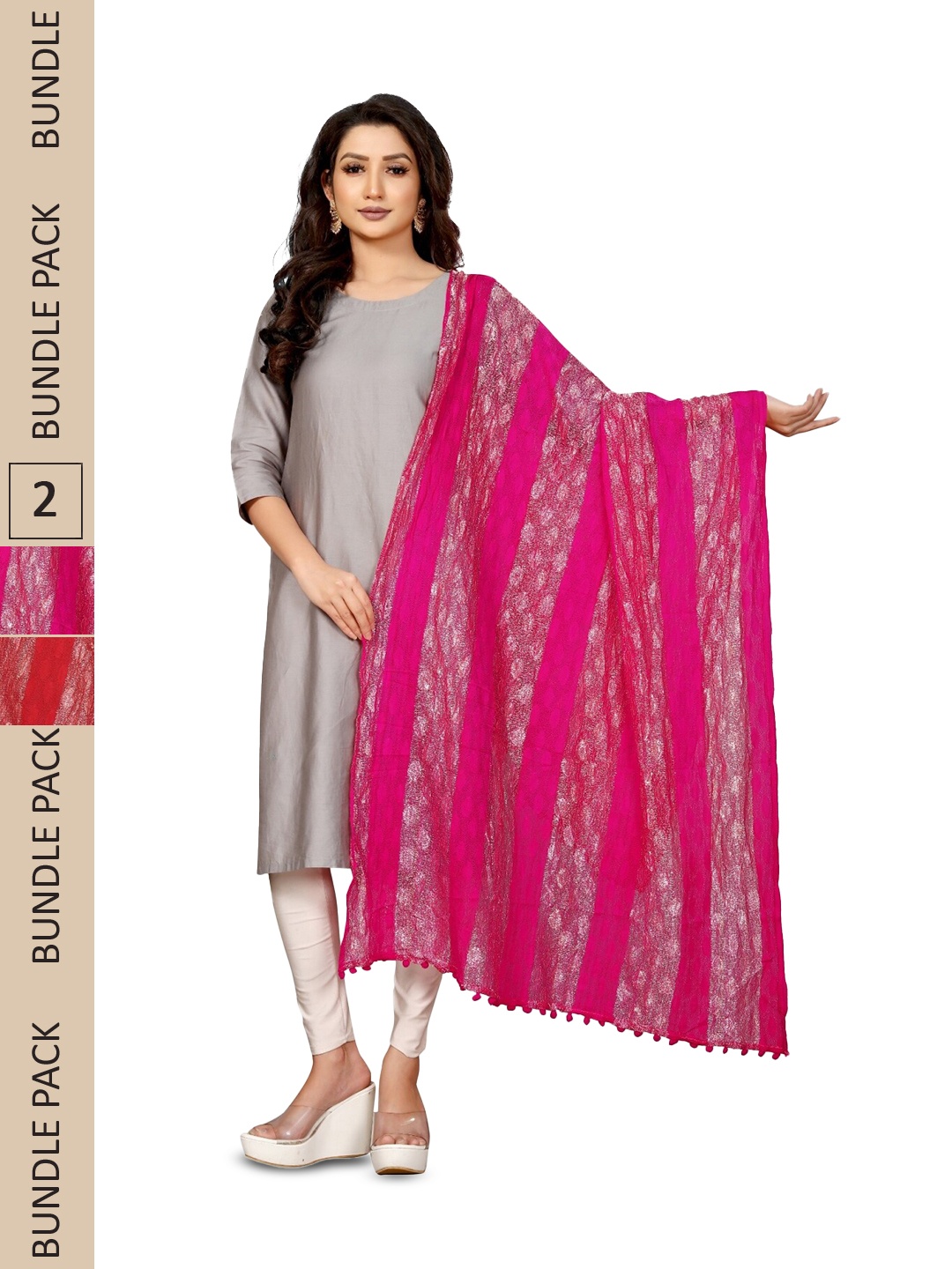 

APNISHA Pack Of 2 Striped Zari Dupatta, Red