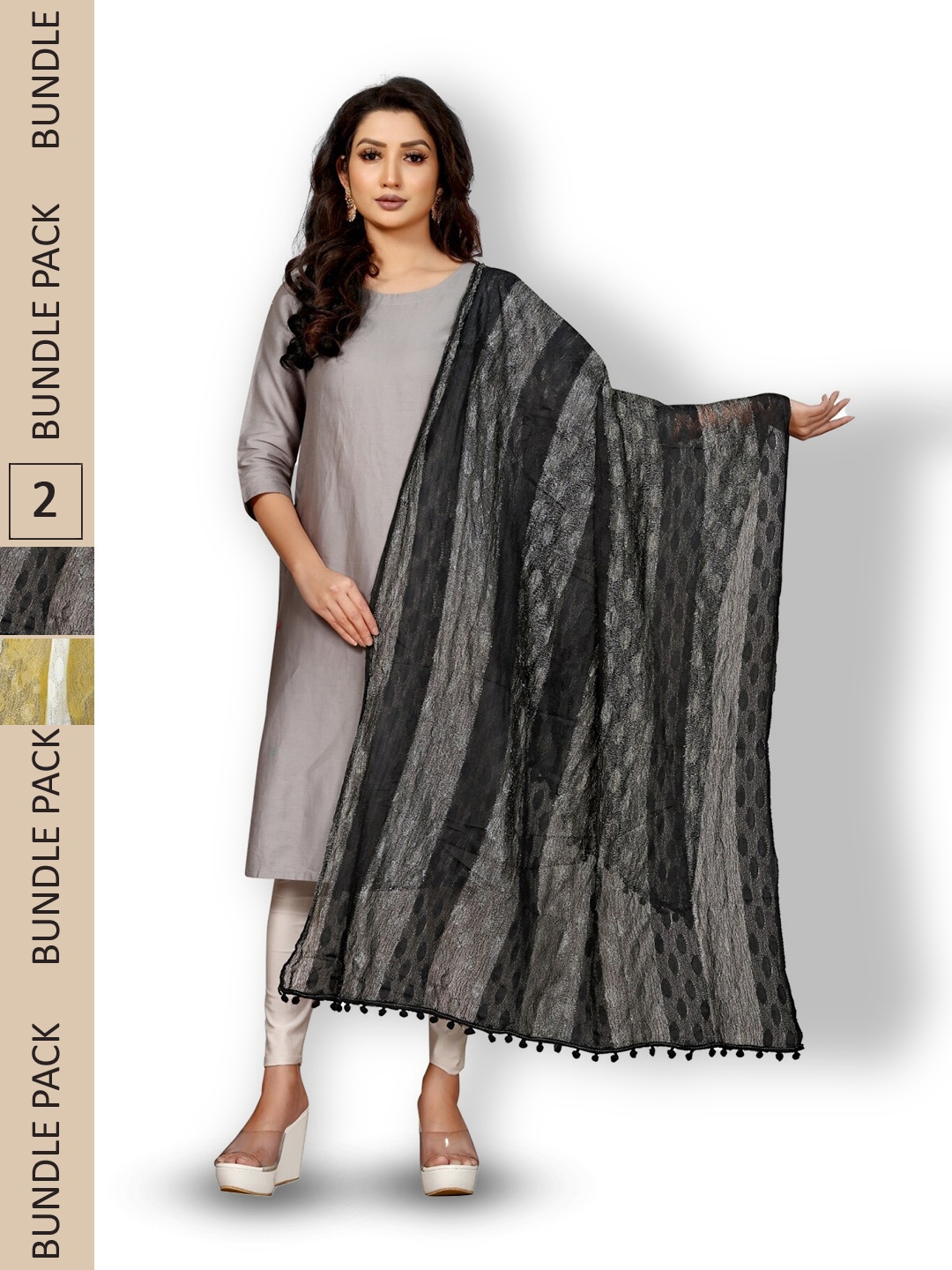 

APNISHA Pack Of 2 Striped Tasselled Boarder Dupatta, White